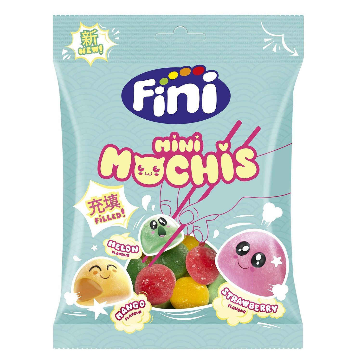 Fini Süßigkeit, 1 x 90 g, Mini Mochis – Erdbeere, Mango & Melone