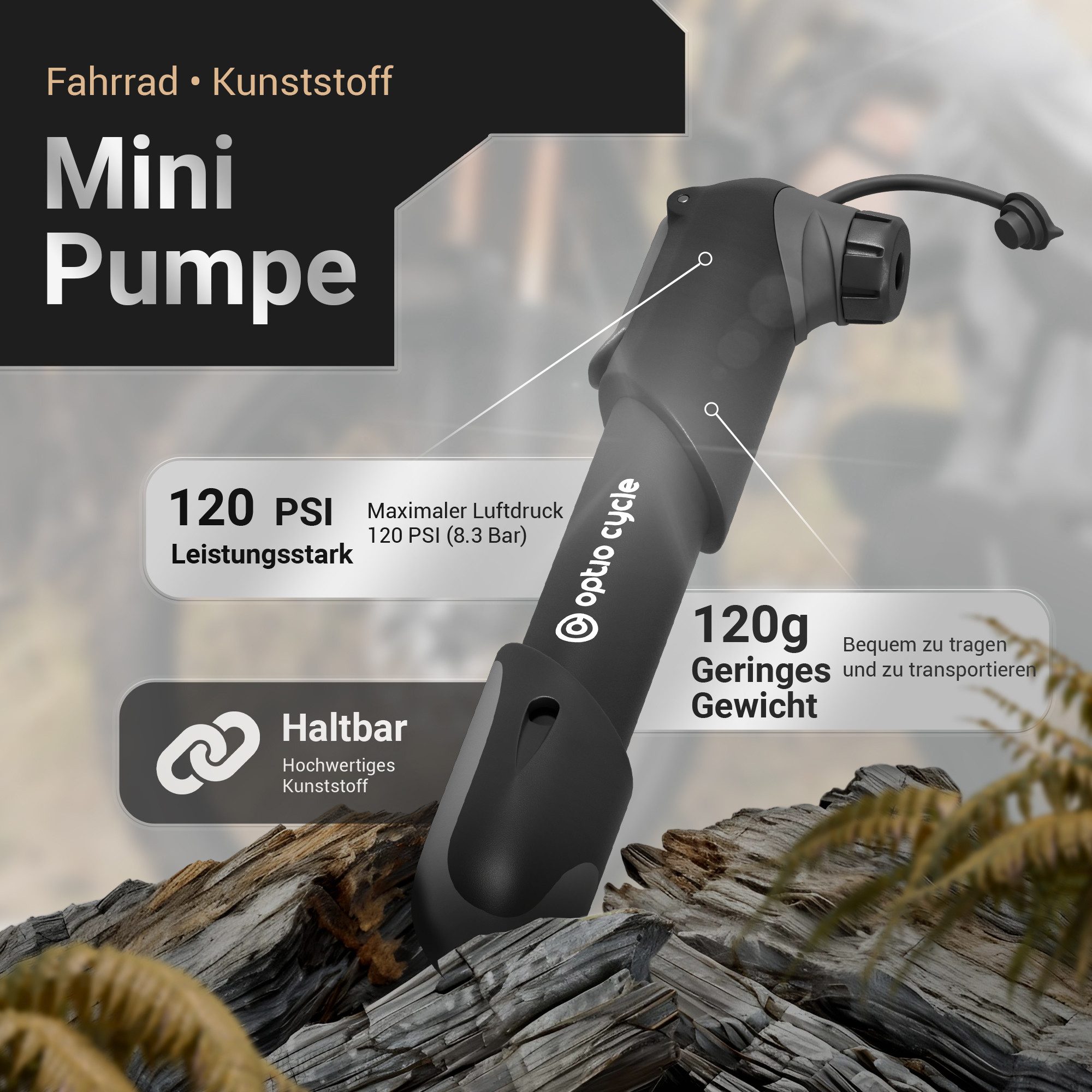 Optio Cylce Fahrradpumpe Mini Fahrradpumpe mit Halterung 120 PSI (8,3 Bar) für alle Ventile