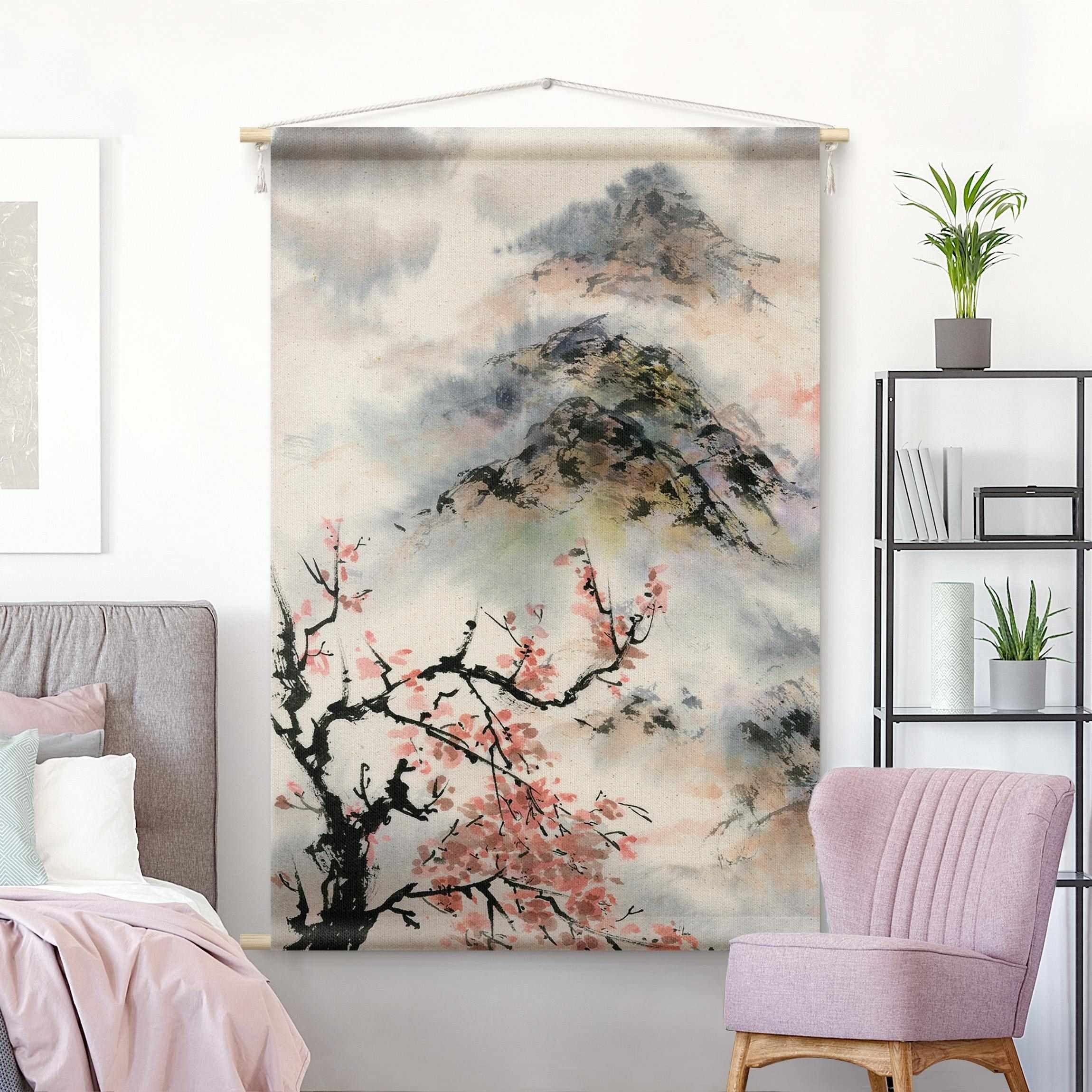 Bilderdepot24 Wandteppich modern Wald Aquarell Blumen Natur Vintage grau, rechteckig, Höhe: 2.6 mm, großes Wandbild aus Natur-Baumwolle Wandbehang Stoffbild Tuch Wollseil