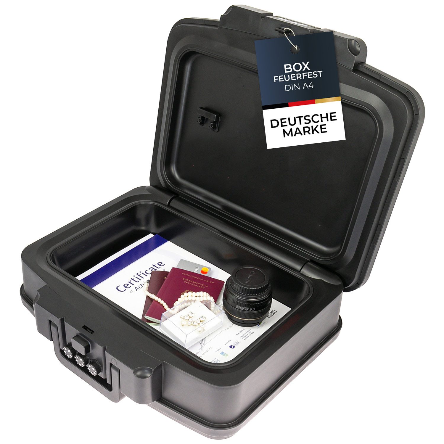 HMF Geldkassette Feuerfeste und wasserdichte Dokumentenbox DIN A4, sicherer Tresor mit Zahlenschloss, 44,5 x 16,5 x 36,5 cm, schwarz