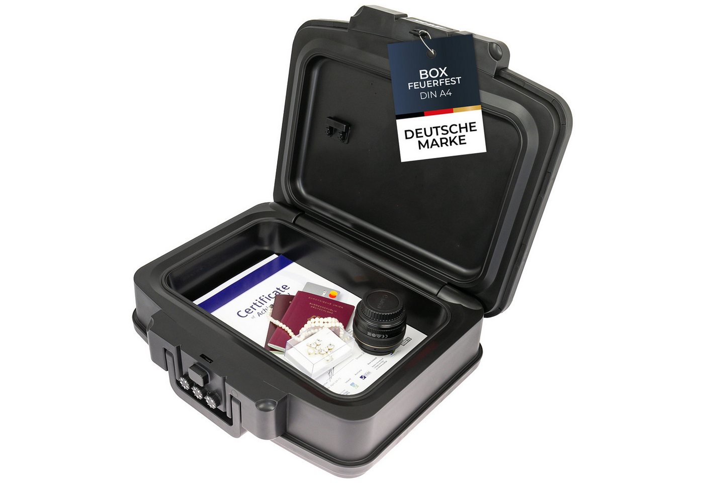 HMF Geldkassette Feuerfeste und wasserdichte Dokumentenbox DIN A4, sicherer Tresor mit Zahlenschloss, 44,5 x 16,5 x 36,5 cm, schwarz