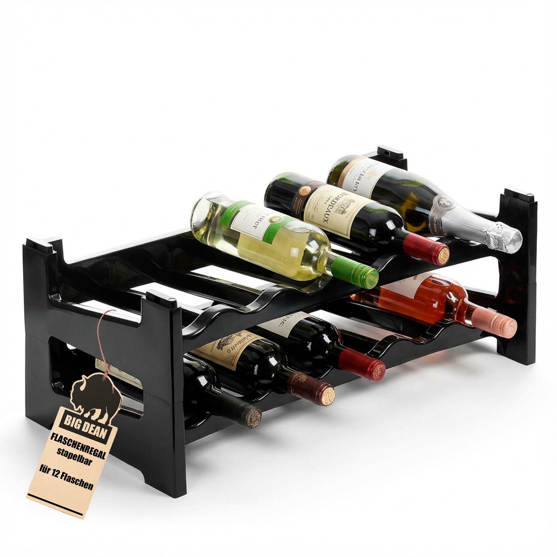 BigDean Flaschenregal Flaschenregal stapelbar für 12 Flaschen Weinregal, Set 2-tlg., Modular, Erweiterbar, Werkzeugfrei, Robust, Standsicher