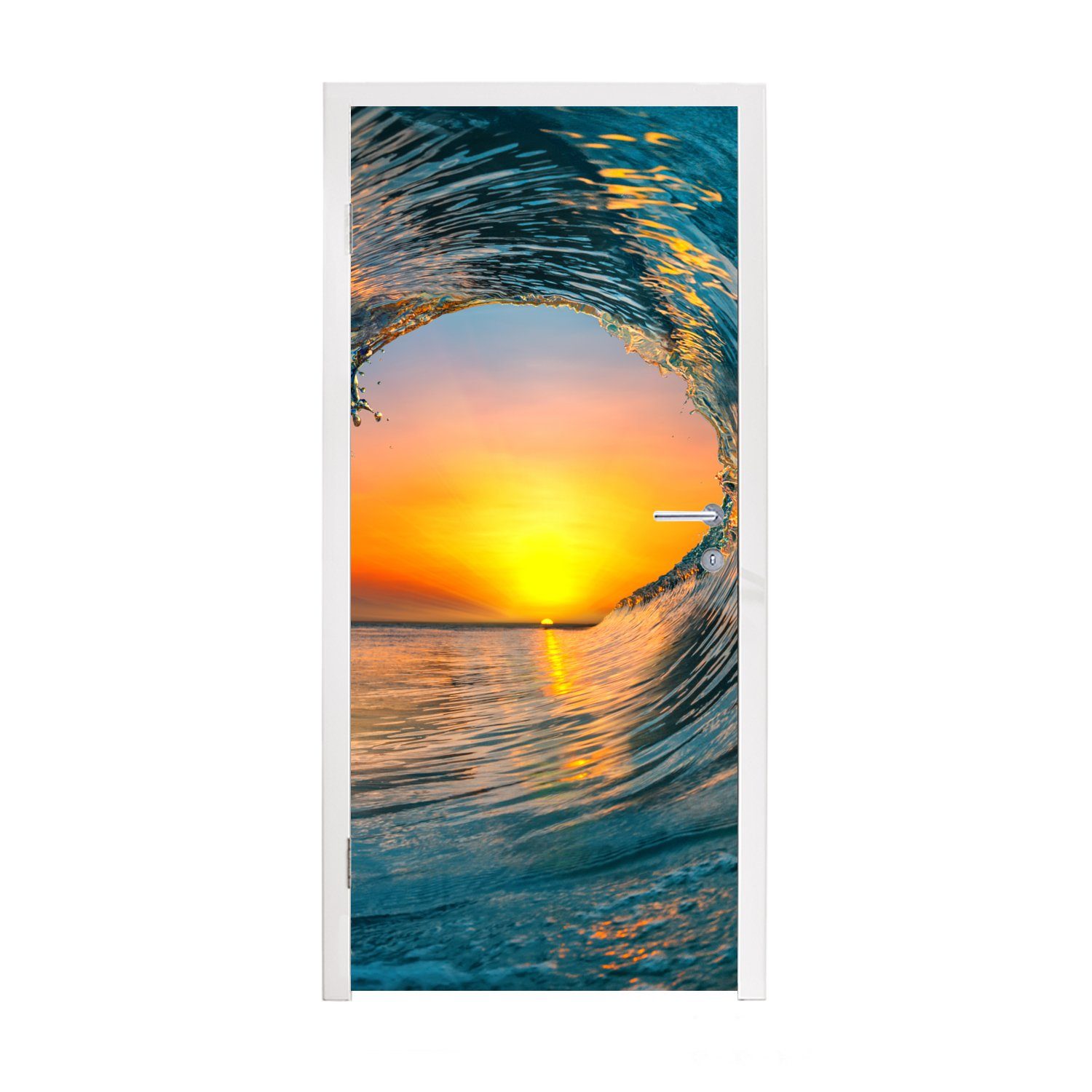 MuchoWow Türtapete Sonnenuntergang - Wasser - Welle - Orange, Matt, bedruckt, (1 St), Fototapete für Tür, Türaufkleber, 75x205 cm