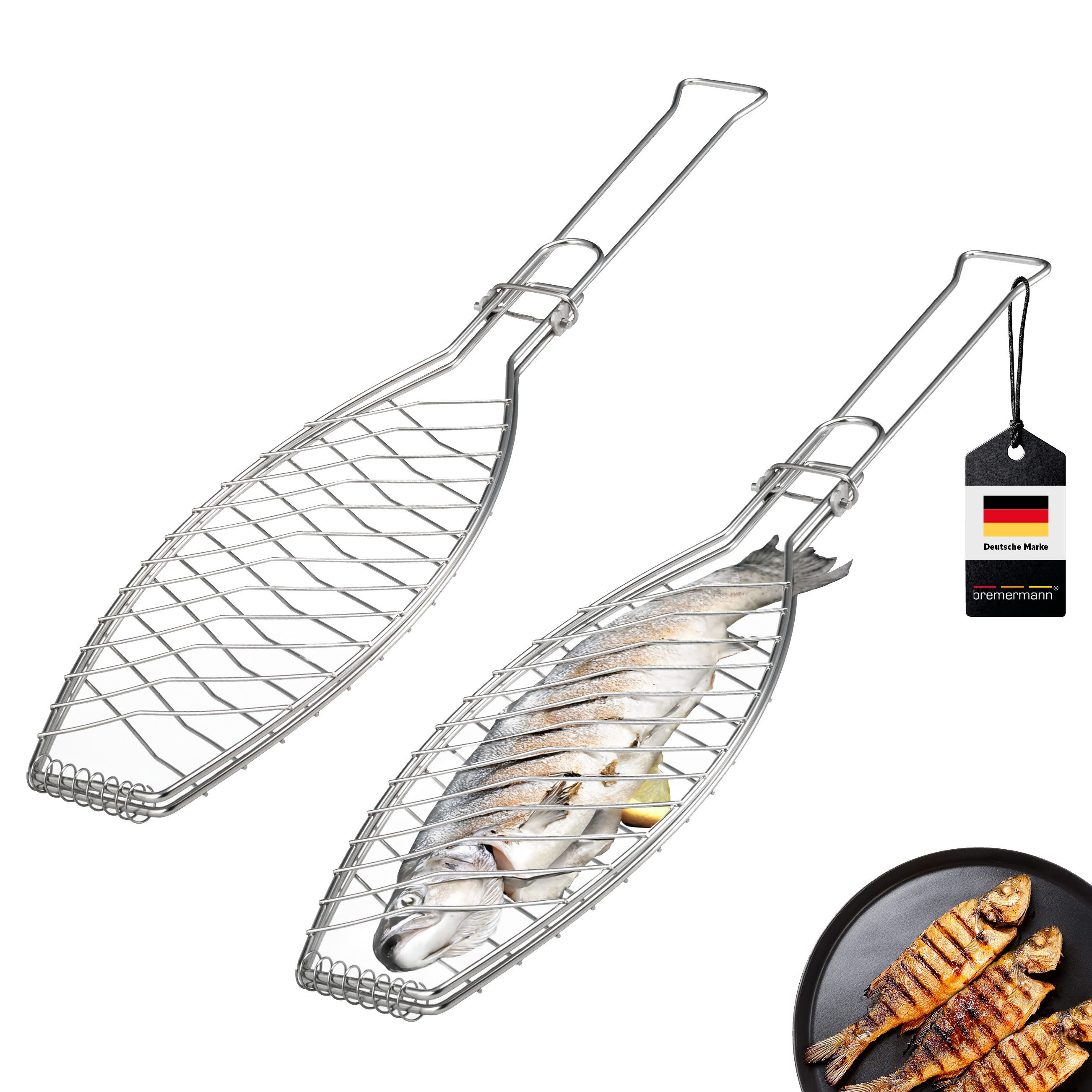 bremermann Grillguthalter Fischgriller, klappbarer Griff, Edelstahl, ca. 56,7 x 12,8 cm, (2-St), Griff einklappbar