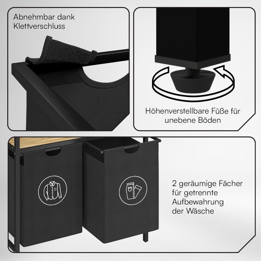 STEELSØN Wäschekorb Rigil aus Metall (2 Fächer (90 L) mit 1 Bambus-Ablage, schwarz), auch verfügbar mit 3 oder 4 Fächern, ausziehbar & abnehmbar – Bild 3 von 5