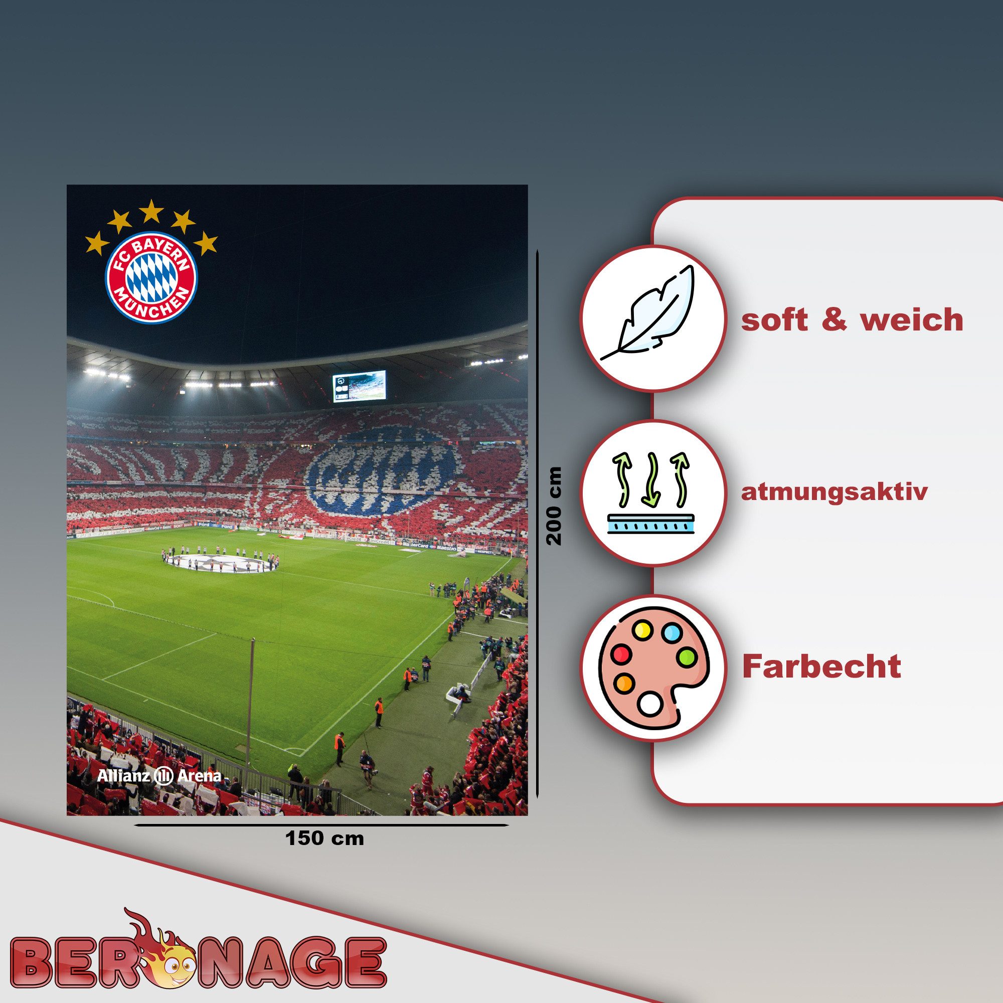 BERONAGE Tagesdecke FC Bayern München Decke Allianz Arena 150x200 cm Kuscheldecke Fußball, passend zur Bettwäsche, ideal für Sofa, Couch, Kinder-Bett, Auto