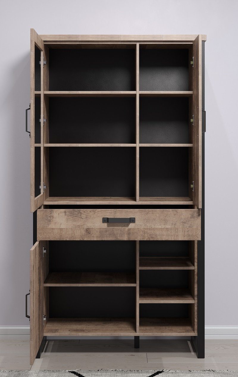 trendteam Vitrine Vitrine Emile groß, Eiche Tabak / Schwarz (no-Set)