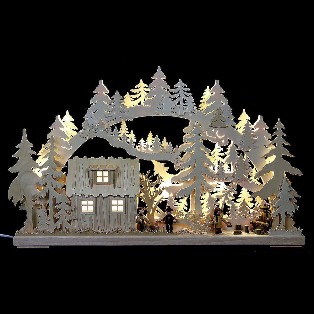 RATAGS Kunsthandwerk Schwibbogen 3D-Schwibbogen Blockhütte mit Waldarbeitern (62x38x8cm) von RATAGS Hol