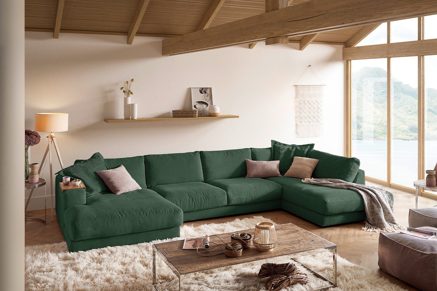KAWOLA Wohnlandschaft MADELINE, Sofa U-Form Cord, Longchair rechts od. links, versch. Farben smaragd