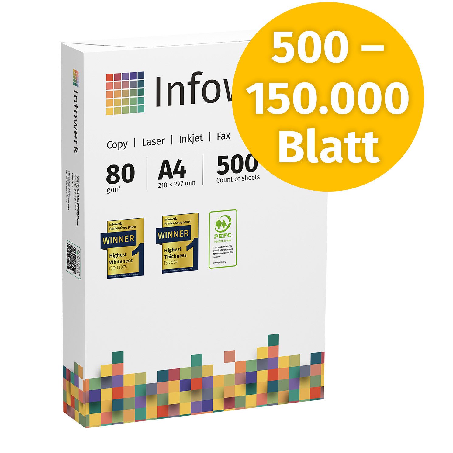 Infowerk Druckerpapier Kopierpapier 500 - 150000 Blatt A4 80g Premium Weiß Testsieger