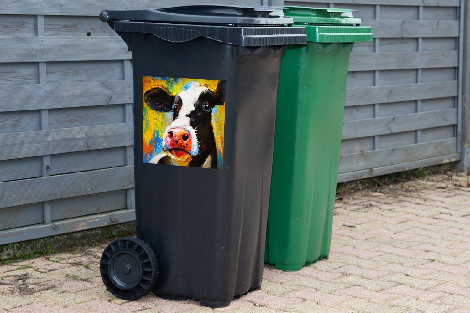 Tiere Container, St), MuchoWow Mülleimer-aufkleber, Kuh Mülltonne, Ölfarbe - - Abfalbehälter (1 - Wandsticker Gemälde Sticker,