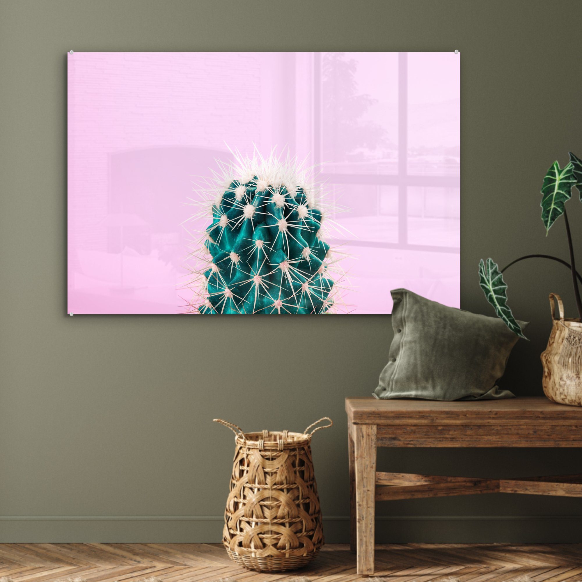 & rosa St), Acrylglasbild MuchoWow (1 Hintergrund, Schlafzimmer Kaktus Grüner auf Wohnzimmer Acrylglasbilder
