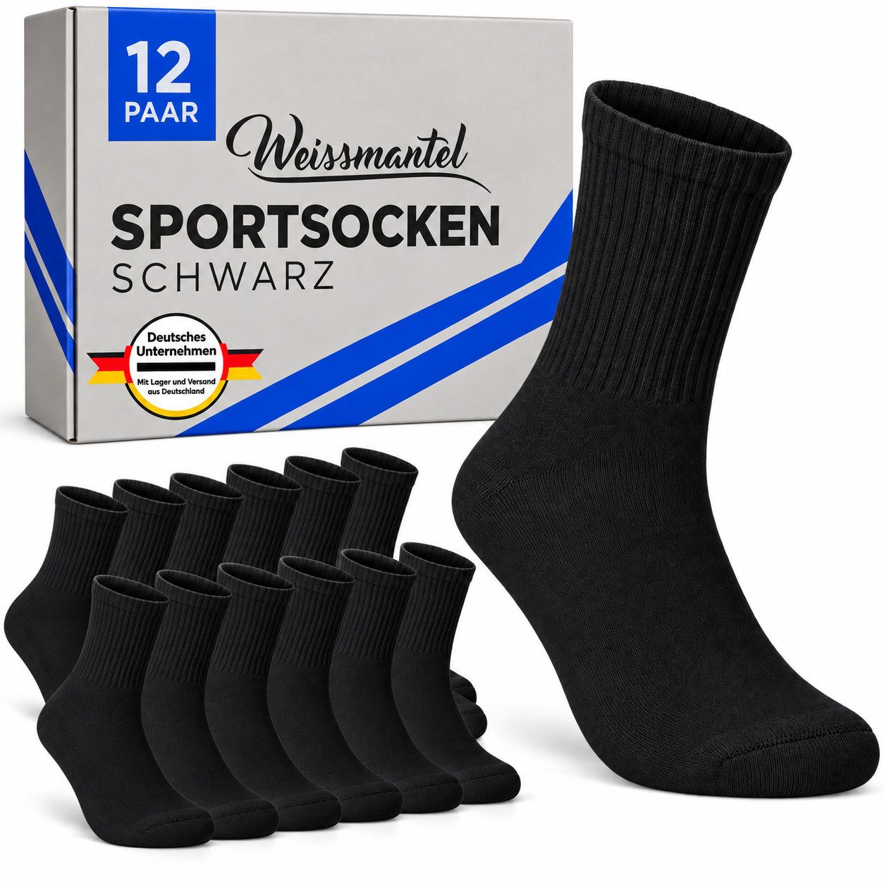 Weissmantel Tennissocken Herren 39-42 und 43-46 Schwarz - Baumwolle Perfekte Sportsocken (Passgenau für Herren Schuhgröße 39-42 und 43-46, Ideale Tennis Socken Herren - Hoher Tragekomfort) Atmungsaktiv und Strapazierfähig