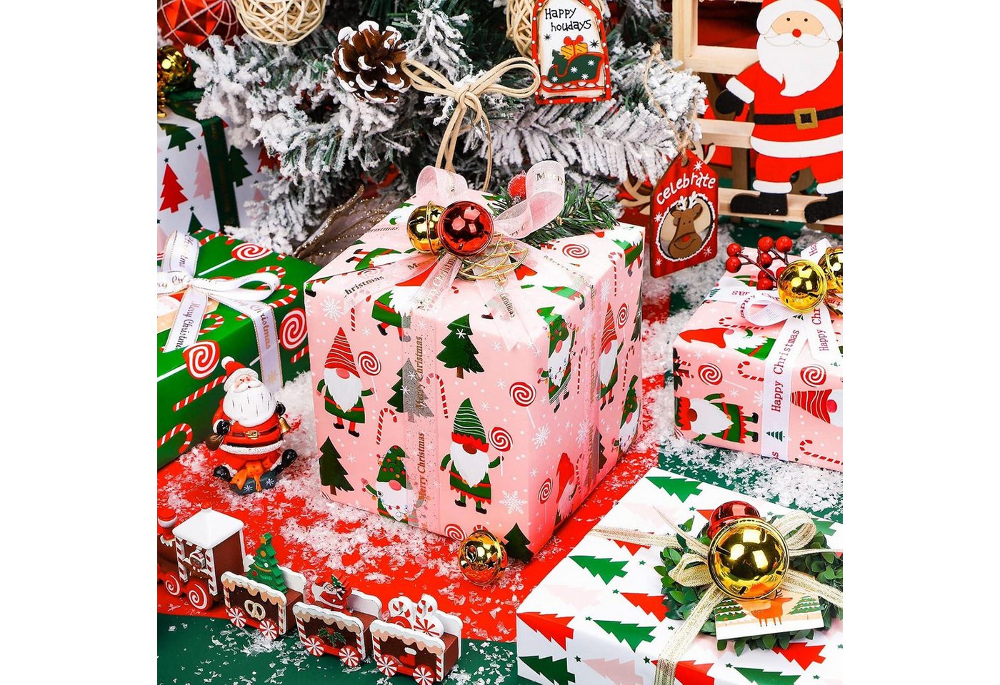 Thumbnail - LuxusKollektion Geschenkpapier Weihnachts-Geschenkpapierrolle Rot Grün Pink Gnome Elf Holiday