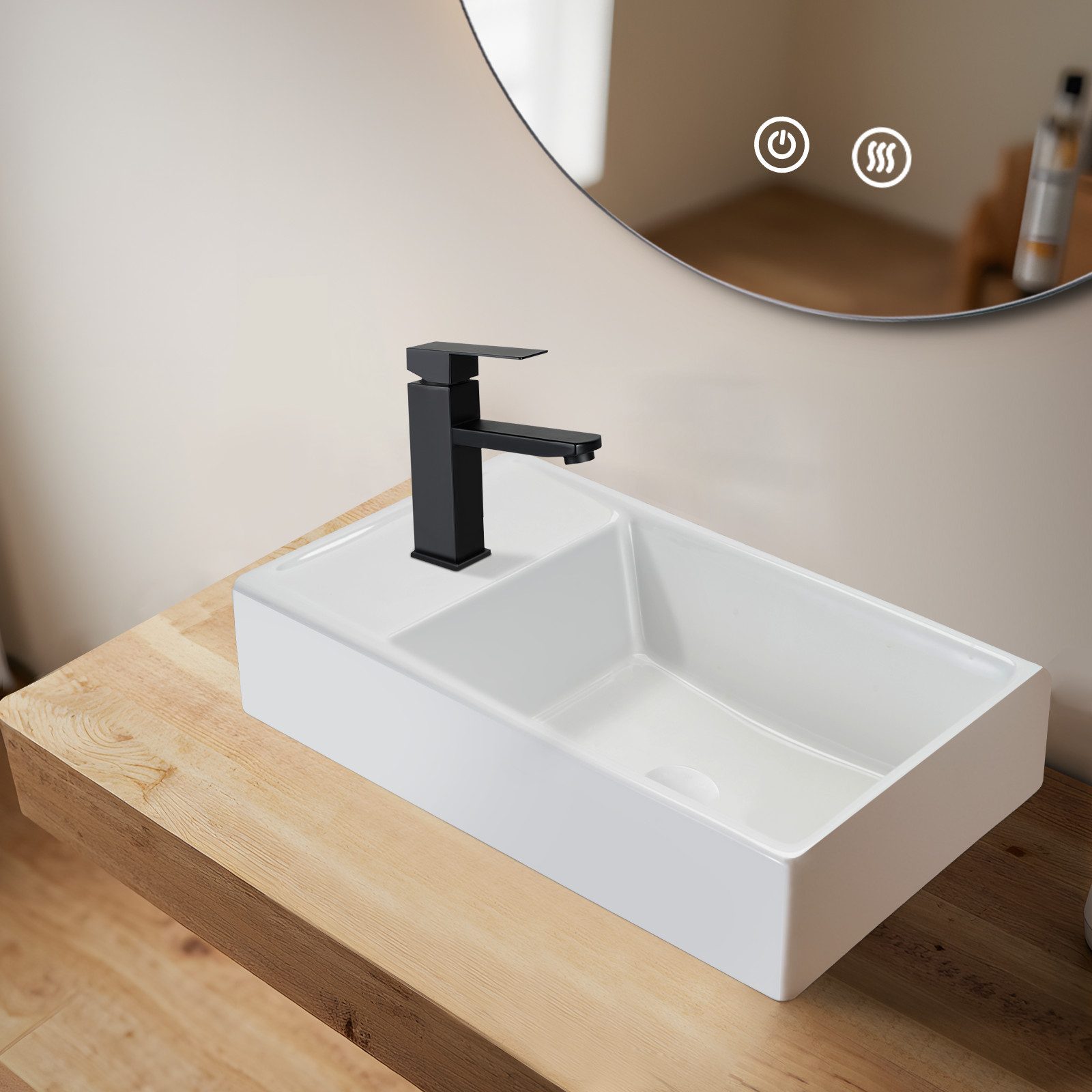 ZMH Waschbecken Badezimmer Aufsatzwaschbecken Keramik - Eckig Waschschale, Mit Hahnloch Waschplatz Klein Wandmontage Aufsatz Hängewaschbecken