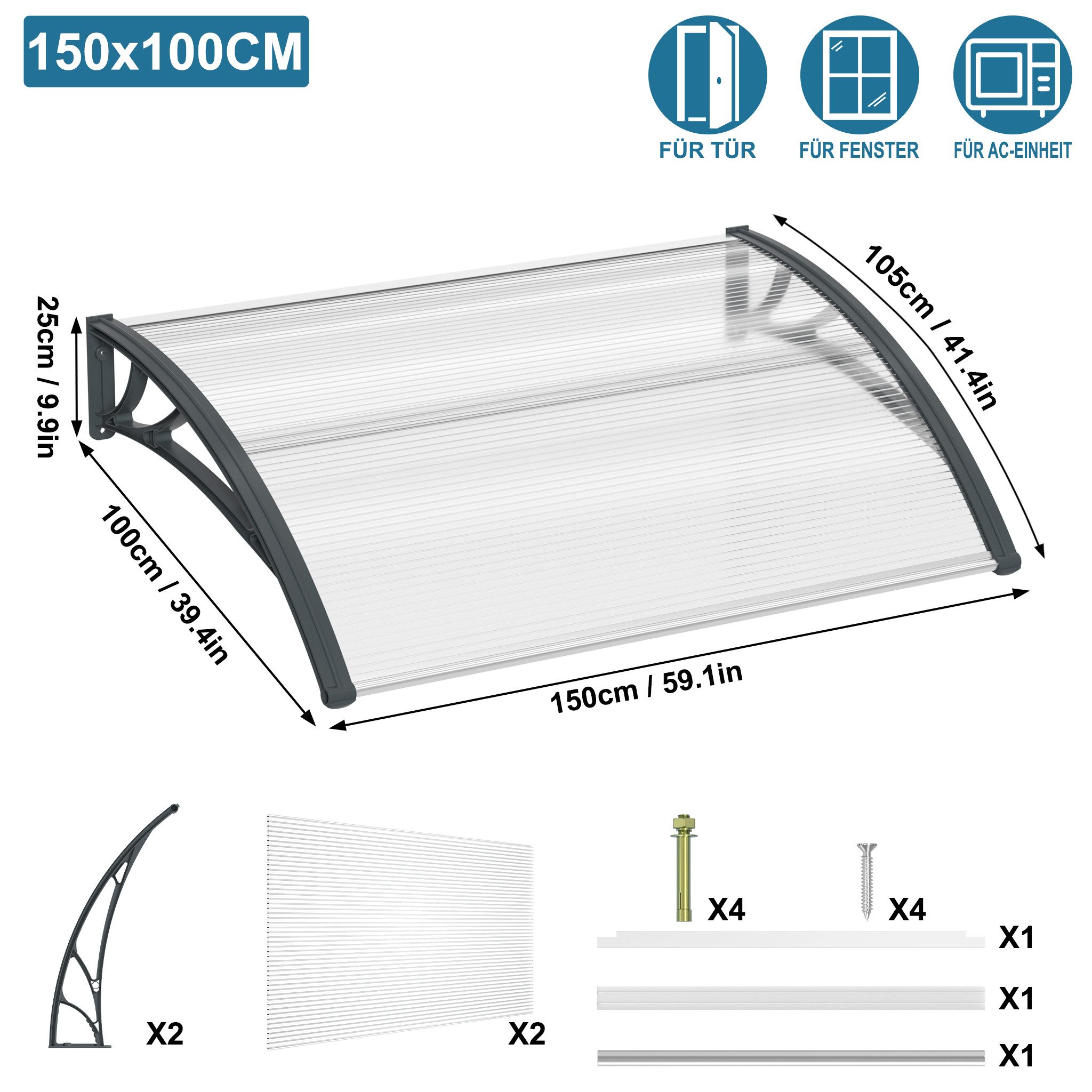 FIVMEN Vordach Pultvordach Haustürvordach Pultbogenvordach PP Halterung, für draußen Sonnenschutz Regenschutz, Grauer Rahmen