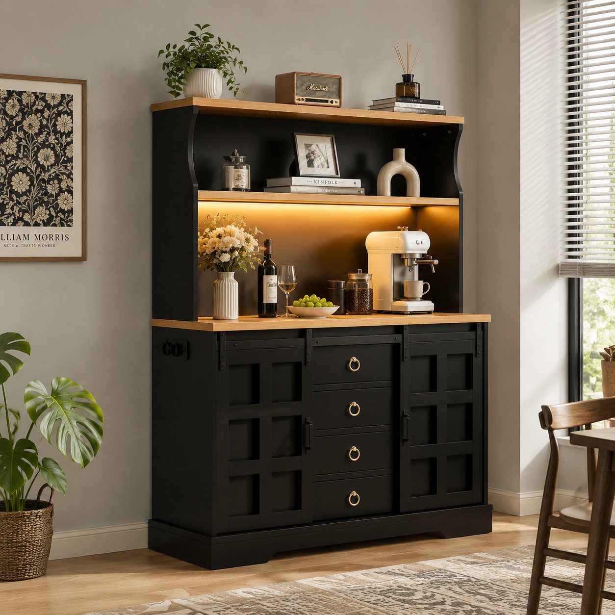 BlingBin Küchenbuffet Küchenschrank Sideboard mit RGB-LED,verstellbare Regalböden,150×120cm (2 Packung, 1-St., Küchen-Bar-Schrank mit AC-Steckdosen,USB-Anschlüssen und 1,5m-Kabel) Weinregal im Scheunenstil mit 4 Schubladen und Schiebetüren