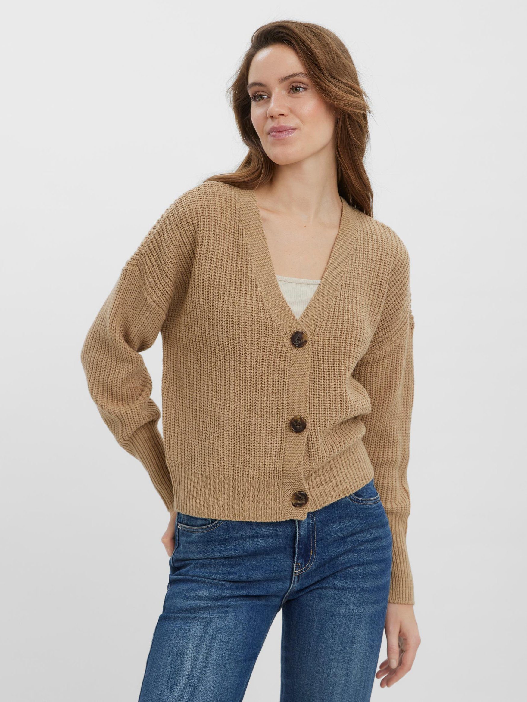 VMLEA in Basic Langarm Moda 4824 Cardigan Strickjacke Beige Cardigan Vero V-Ausschnitt