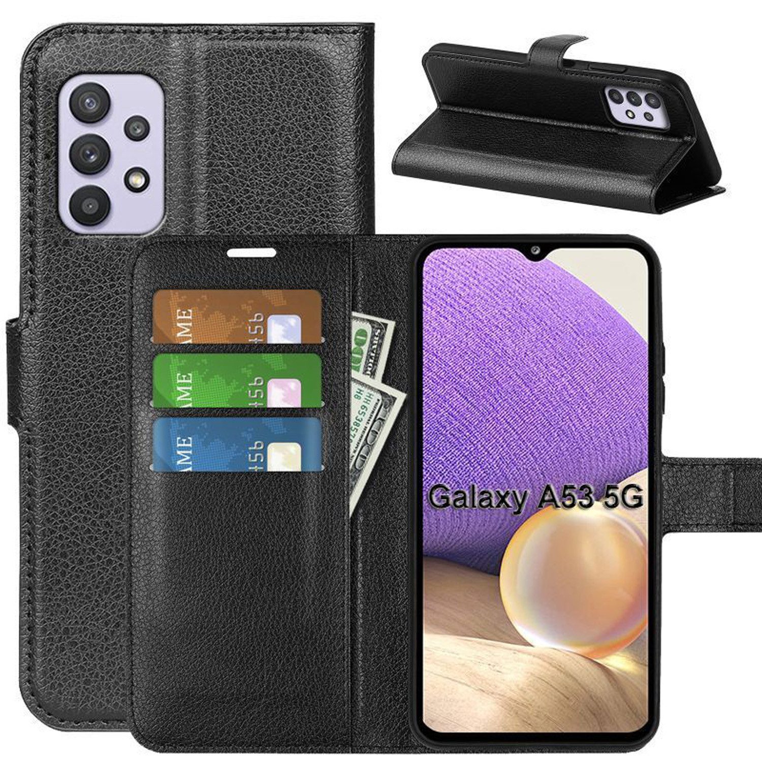 betterfon Handyhülle Handytasche für Samsung Galaxy A53 5G Klapphülle Schwarz, 3 Kartenfächer, Magnetverschluss & Standfunktion im Lederlook