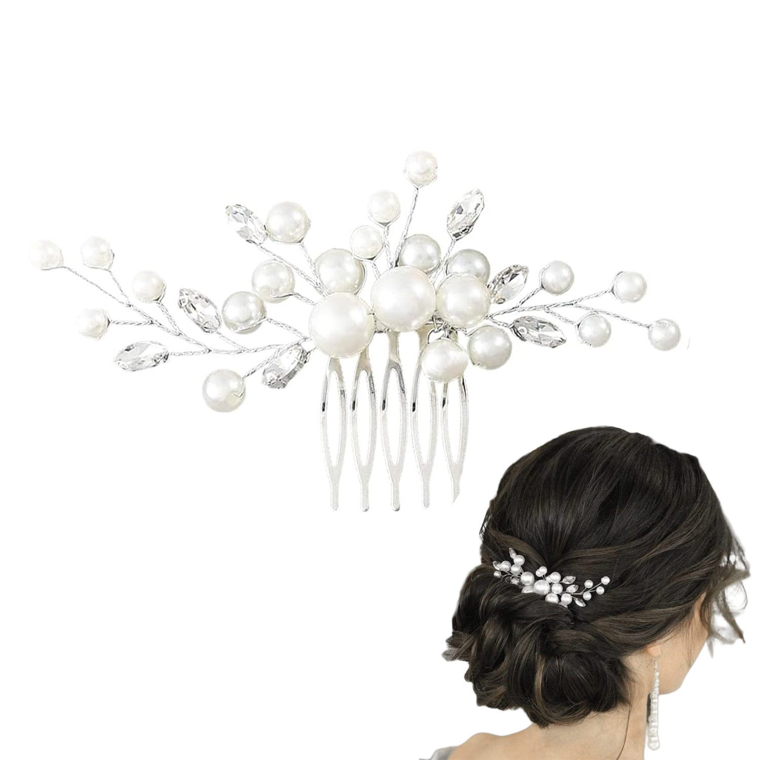 RWEUOQ Diadem Braut Hochzeit Haarkamm, Schmuck-Sets für Hochzeitsfeiern (Schöne Brauthaatschmuck-Haarkämme, Hochwertiger Metall-Haarkamm, 1-tlg., Perle und Strass-Dekorationen auf Braut-Haarkamm), Kristall-Haarschmuck-Set, Haaraccessoires für Frauen und Mädchen