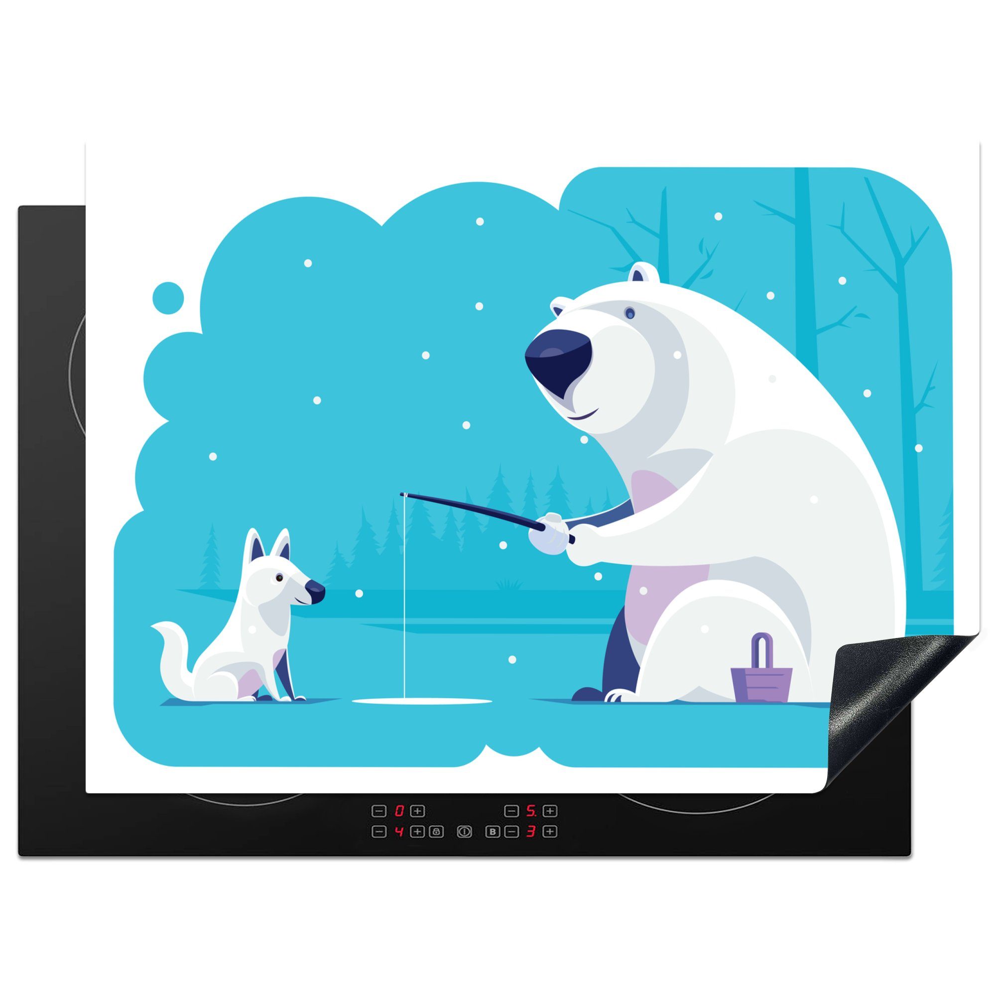 MuchoWow Herdblende-/Abdeckplatte Illustration eines fischenden Eisbären und eines Wolfs, Vinyl, (1 tlg), 70x52 cm, Mobile Arbeitsfläche nutzbar, Ceranfeldabdeckung