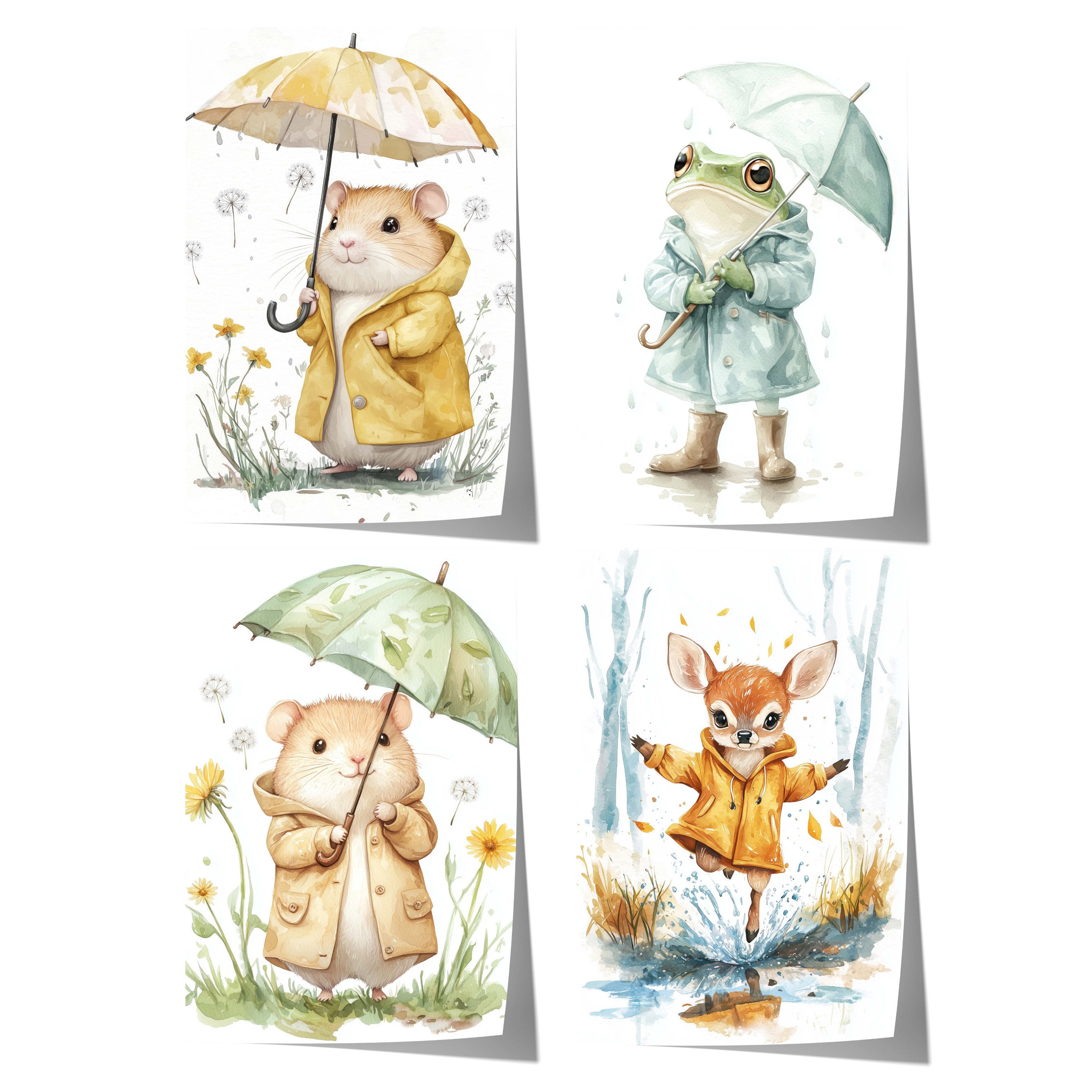 JUSTGOODMOOD Poster Süßer Regen Tag Tier Geschenkidee Aquarell Waldtier llustration mit Re, B (1 St)