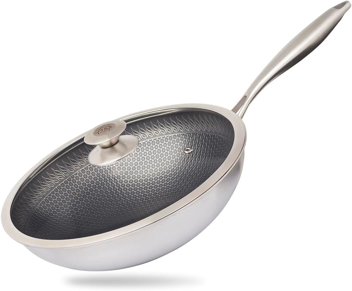 Reishunger Wok Premium Wok, Edelstahl (Wok mit Glasdeckel), für Induktions-, Ceran- oder Gasherd