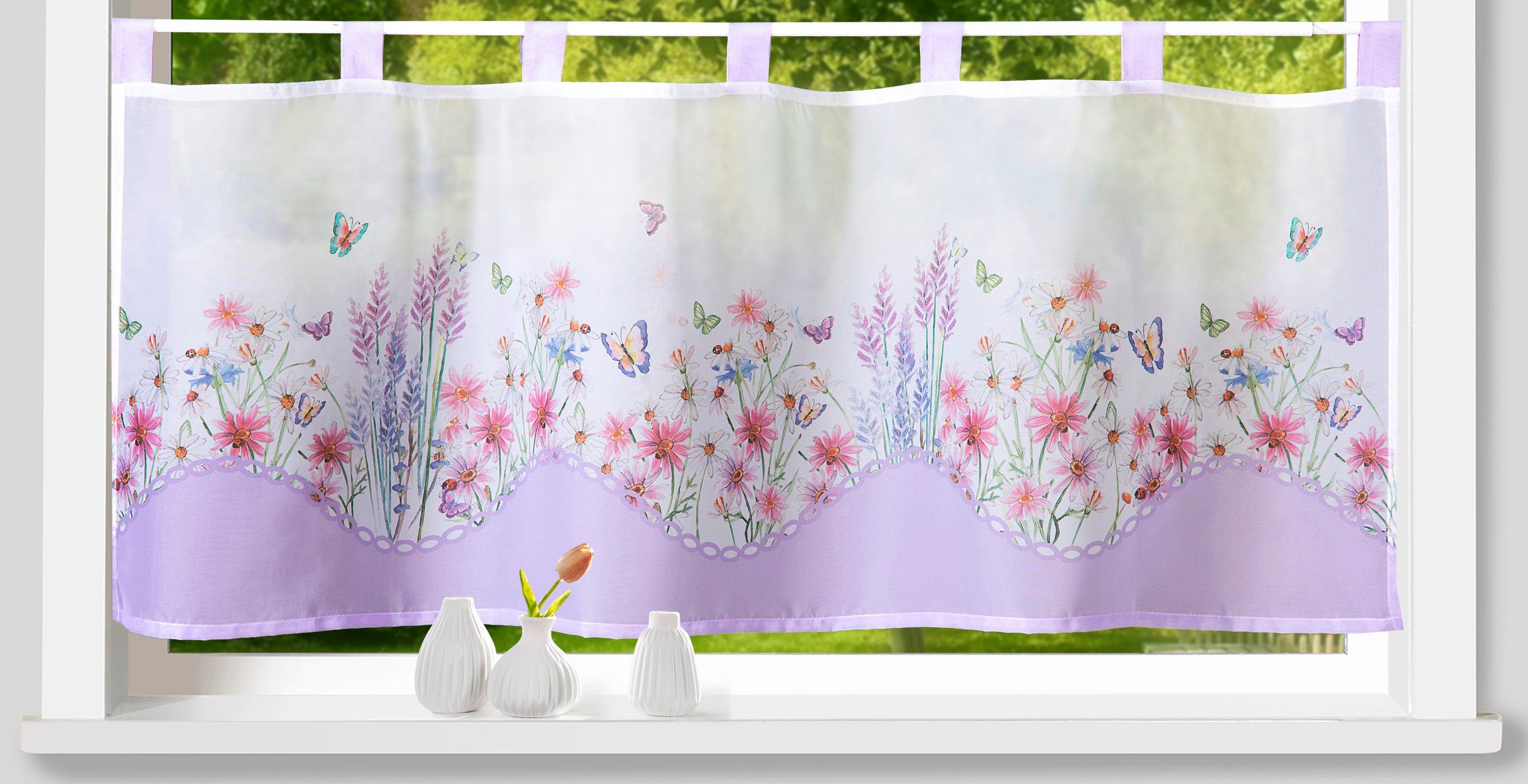 Weckbrodt Scheibengardine Leonie (1 St), Schlaufen, halbtransparent, Voile, Bistro, Voile, bedruckt, floral, HxB 45x120cm, Gardine, Store
