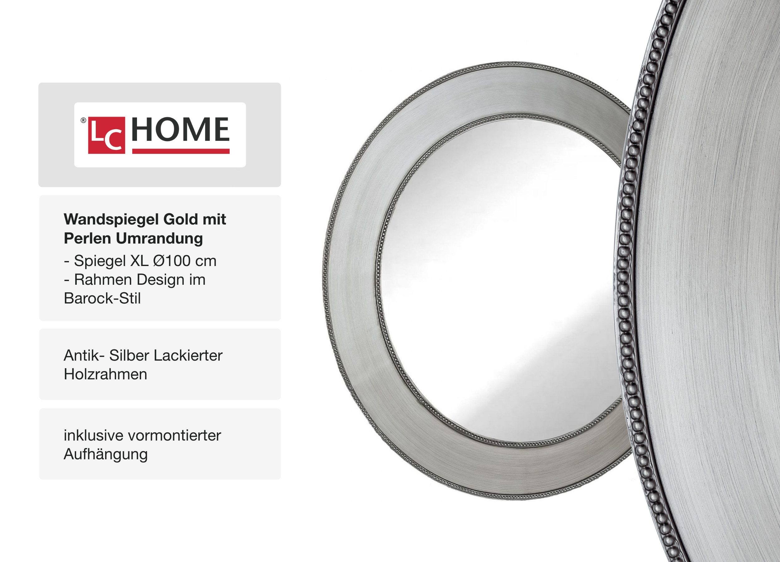 LC Home Wandspiegel Wandspiegel »Barock« Ø90 cm mit Perlenumrandung