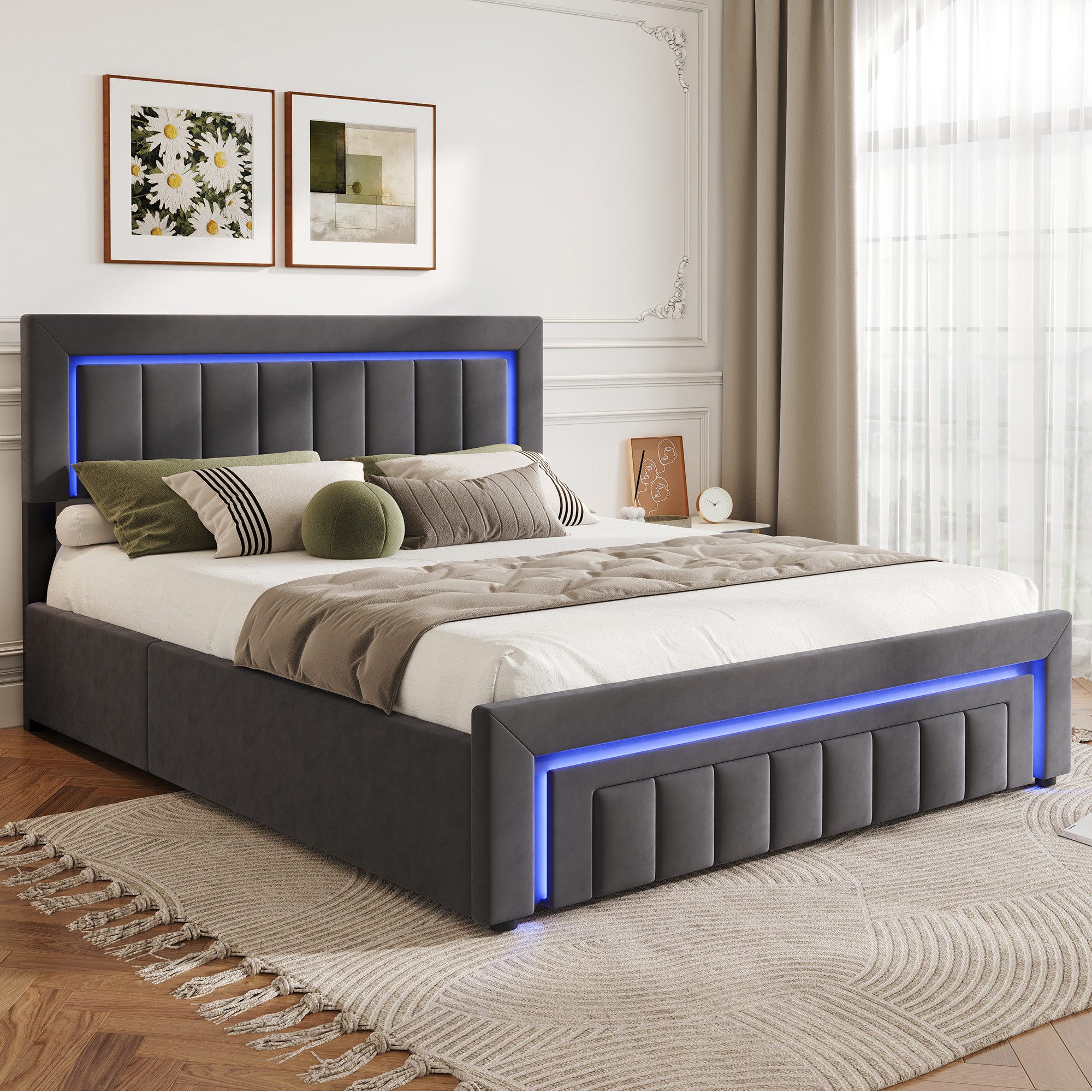 STILVORA Polsterbett 140×200 mit bettkasten,Funktionbett Boxspringbett mit LED & Schubladen (verstärkter Metallrahmen, stabiler Lattenrost, Gepolstertes Kopfteil, Bettkasten mit Hydraulik, Bettgestell mit Gepolstertes Kopfteil), mit einem Hebeseil, Samt-Stoff, Grau