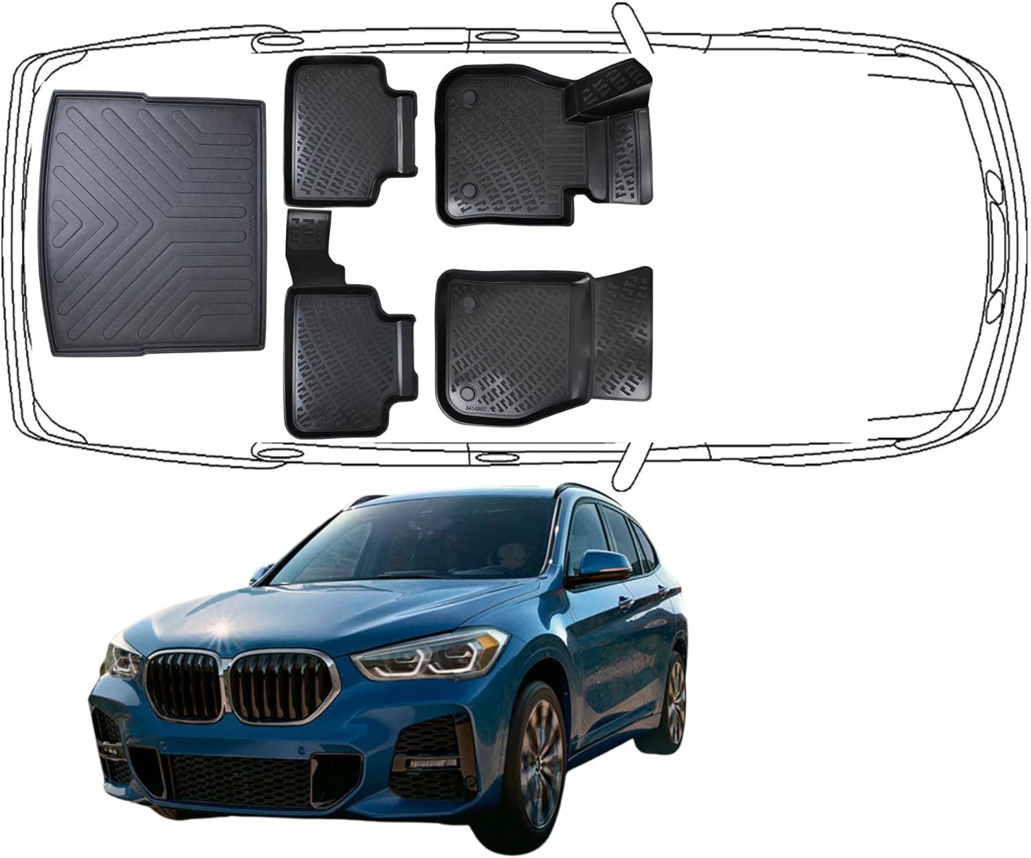 Trimak Passform-Fußmatten Oder Kofferraumwanne Oder Set BMW X1, BMW X1 F48 2015-2022 Gummimatten Auto & Kofferraummatte TPE Antirutsch