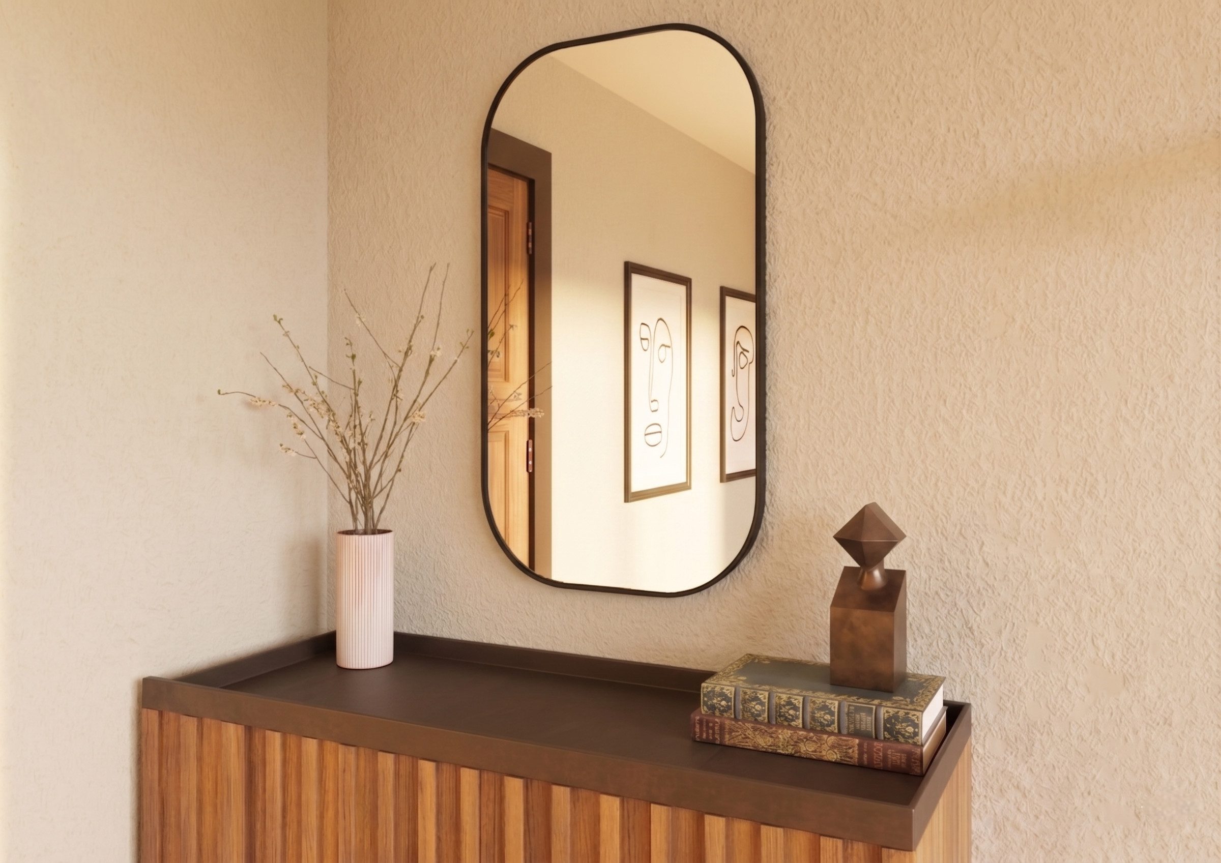 Intarbad Spiegel Design Wandspiegel mit schwarzem Alu-Rahmen, oval (50 x 90cm, gebürsteter Aluminiumrahmen mit 2,3 cm Tiefe), Vormontierter Dekospiegel, moderne filigrane Optik