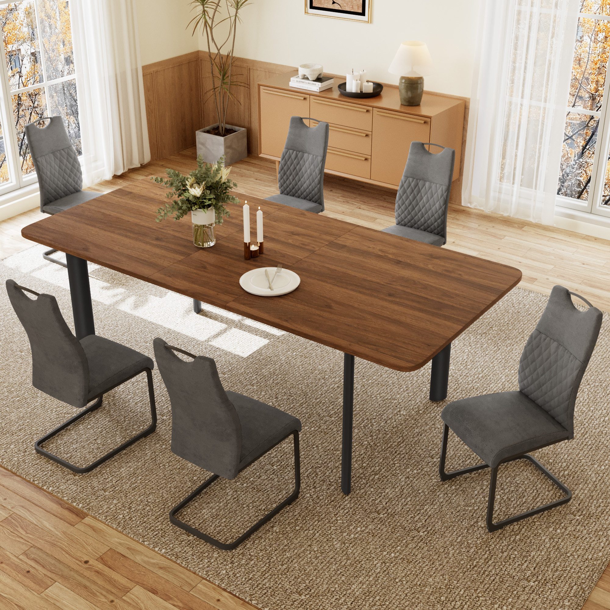Jiexi Essgruppe Esstisch Mit 4-8 Stühlen Set, Essgruppe Tisch Ausziehbar 160-200cm
