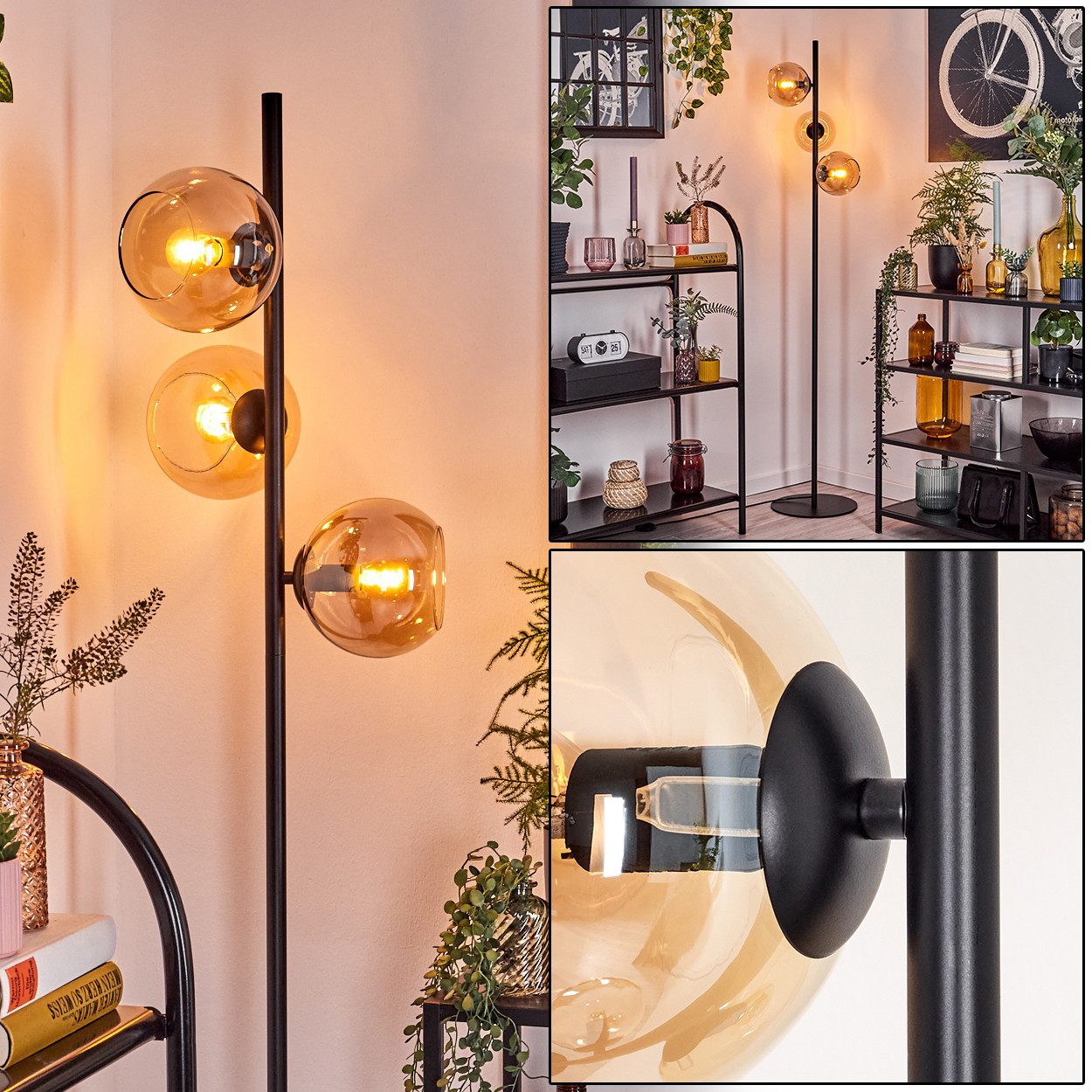 Stehlampe Stehlampe aus Metall/Glas in Schwarz/Bernstein mit Fußschalter