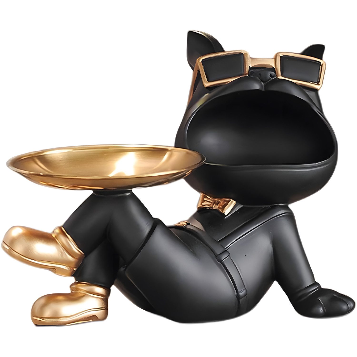 HEYHIPPO Tierfigur Bulldogge Deko Figur mit Tablett–Harz,27,8×16,5×20,5cm,für Schlüssel (Figur Bulldogge – für Kleinutensilien, Wohnzimmerdeko, Geschenk), mit großer Öffnung & Edelstahltablett Ø 14 cm–moderne Flurdekoration