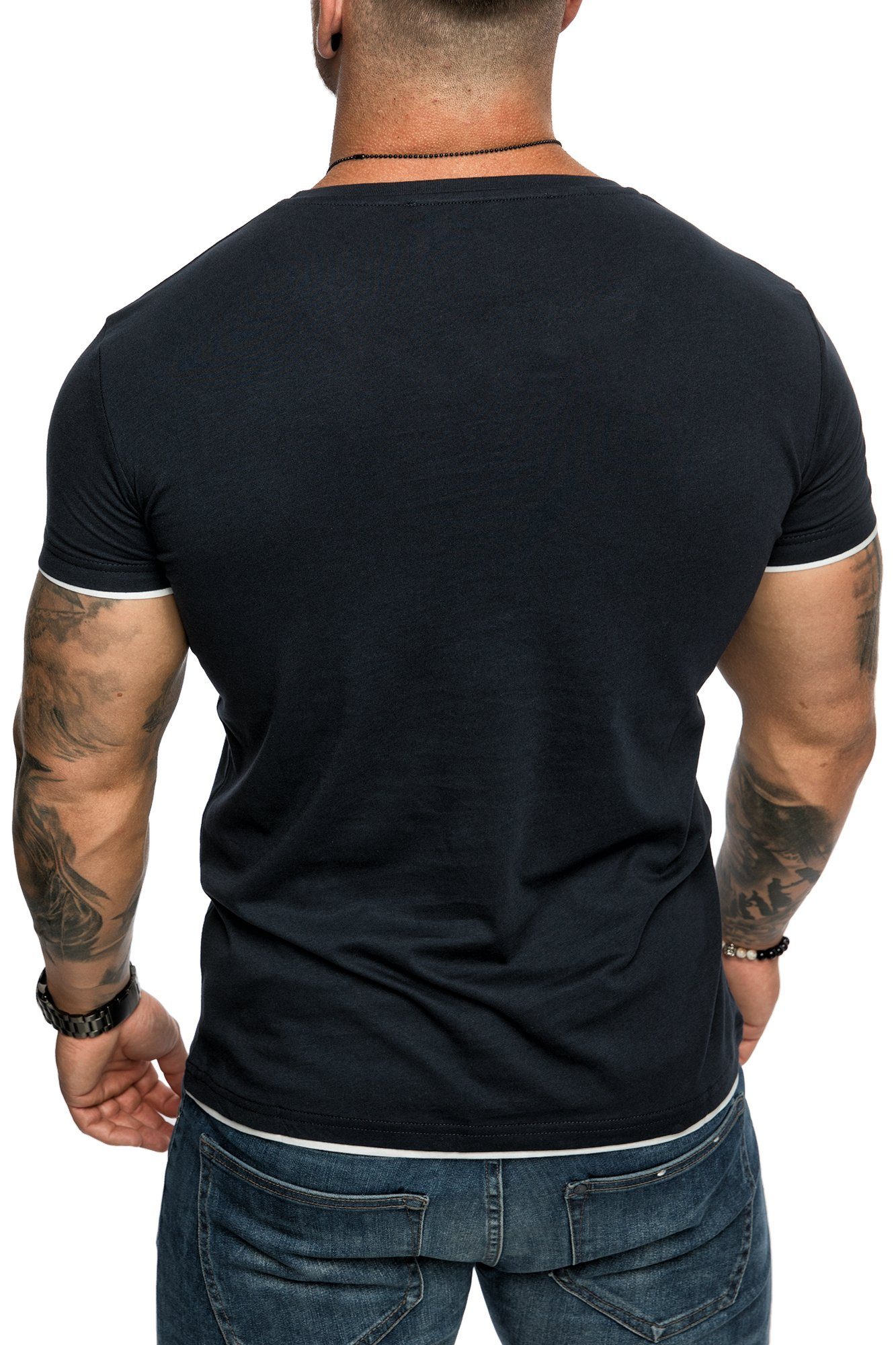 Rundhalsausschnitt Navyblau/Weiß T-Shirt Doppel Farbig Basic Shirt mit Herren Slim-Fit Amaci&Sons LAKEWOOD