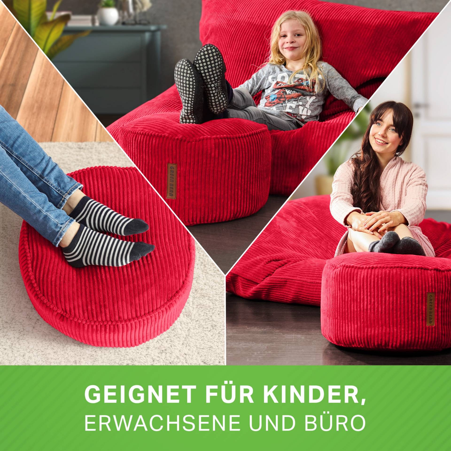 Green Bean Pouf Sitzsack-Hocker Pouf Cord 45x25cm (Indoor Sitzhocker Sitzkissen Fußhocker Relax-Sessel, Made in Germany), die ideale Ergänzung zum Sitzsack