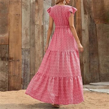 RUZU UG Dirndl Sommer Bedrucktes, tailliertes Kleid im Ethno-Stil mit V-Ausschnitt (1-tlg)