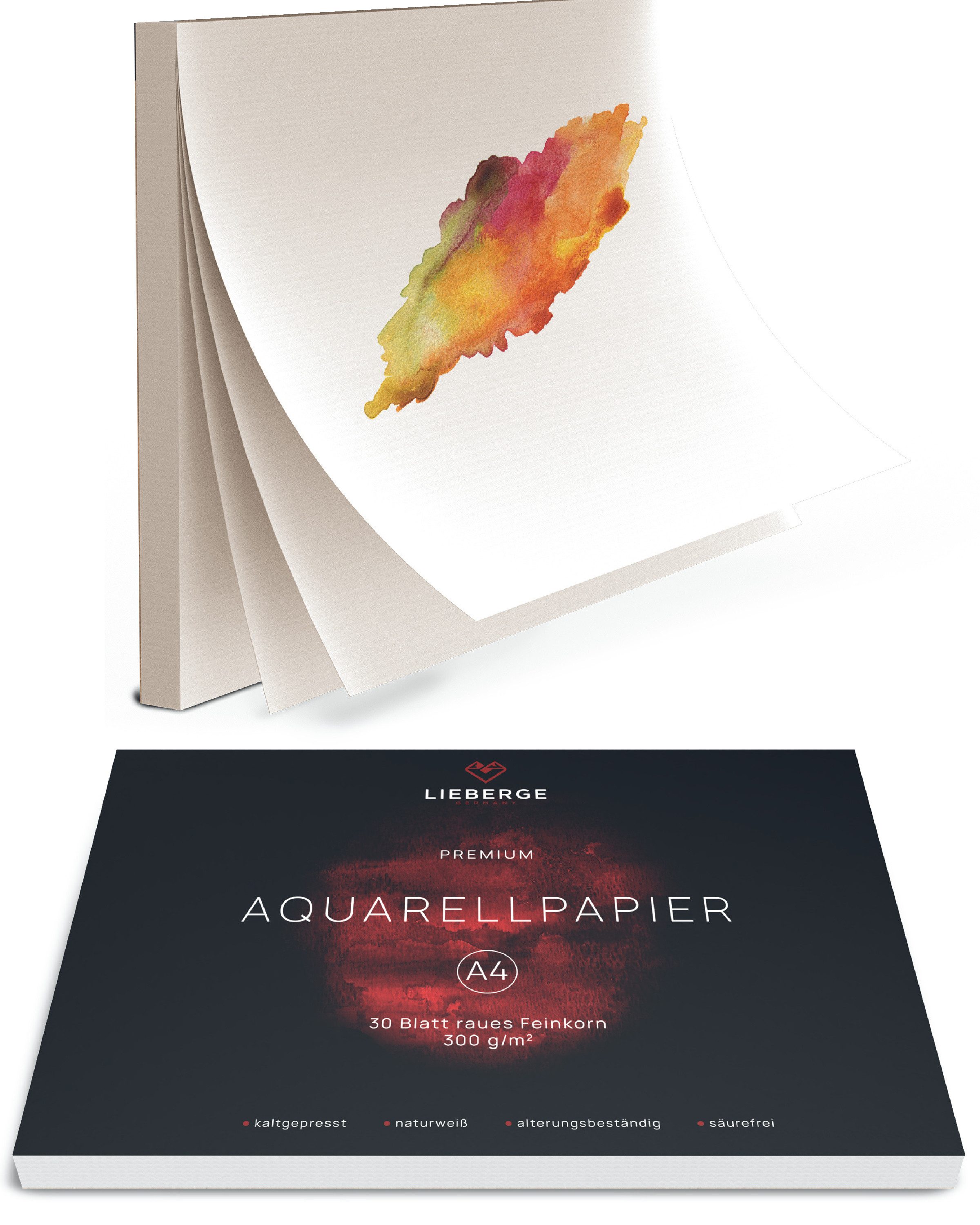 LIEBERGE Aquarellpapier Premium A4 300g – made in Germany – 30 Blatt verleimt, 300g/m², grobes Feinkorn, verleimt, für Anfänger, für Fortgeschrittene