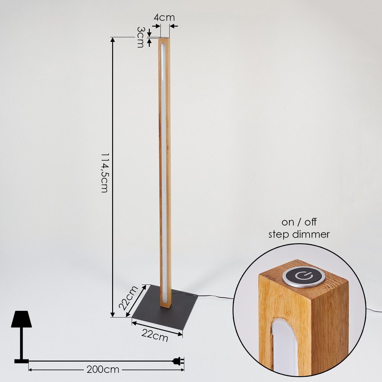 dimmbare Stehlampe mit aus am Stehlampe 3000 Kelvin, Watt, »Magliacane« Tastdimmer 2300 in Bodenlampe Gehäuse, hofstein Schwarz/Natur/Weiß, Metall/Holz Lumen 20