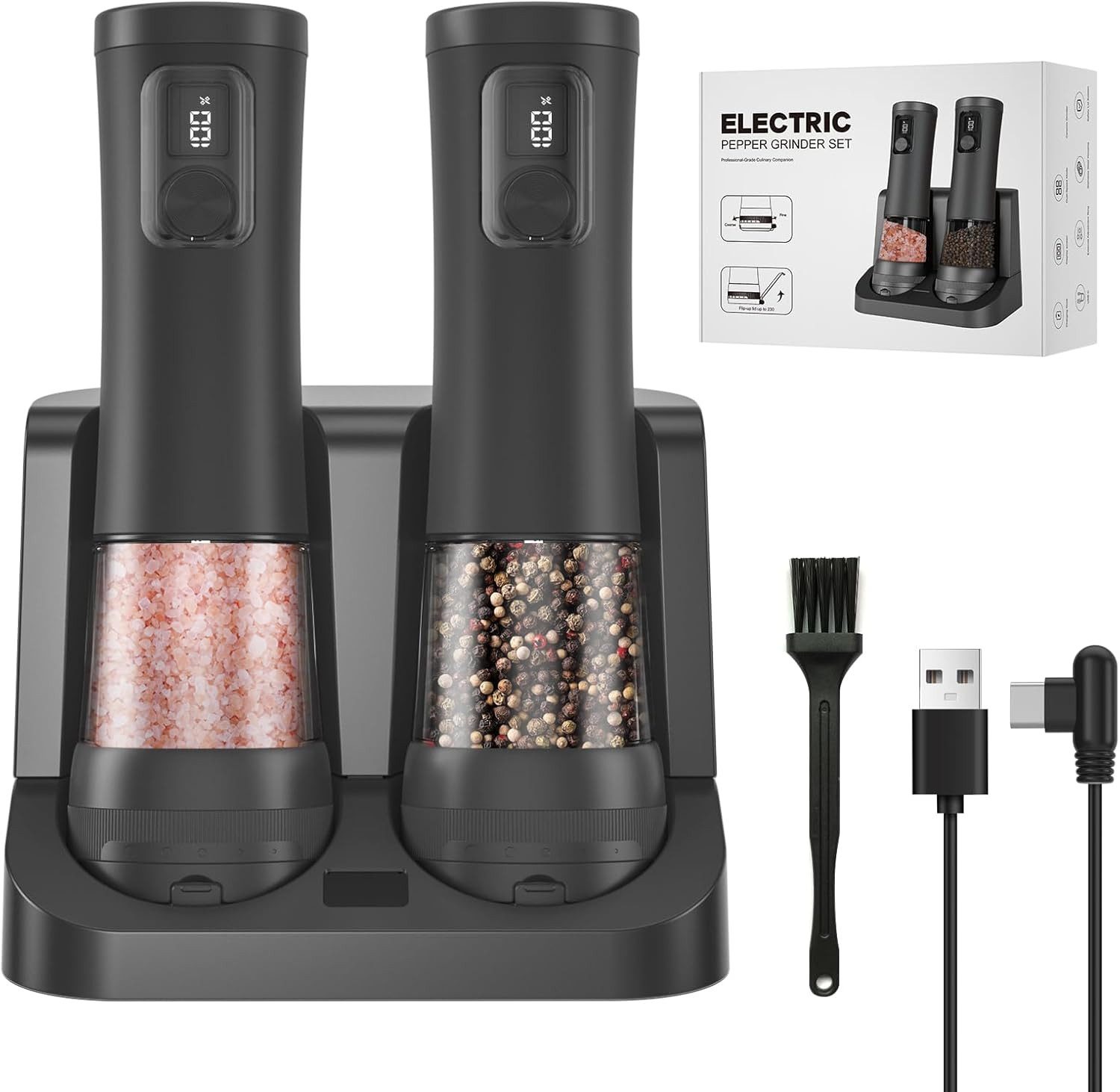 Luckice Salzmühle Elektrische Salz- und Pfeffermühle 2er-Set, 5-stufig einstellbar Akku, Gewürzmühle,Salz-/Pfeffermühle Elektrisch,Digitalanzeige