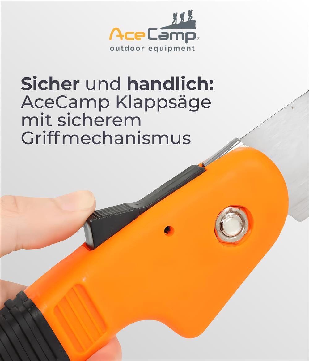 AceCamp Handsäge Faltbare Klappsäge mit Sicherheitsverschluss, Edelstahl (Einzelartikel, 1-St., Kein Set), Faltbar, Sicherheitsverriegelung, rutschfester Griff
