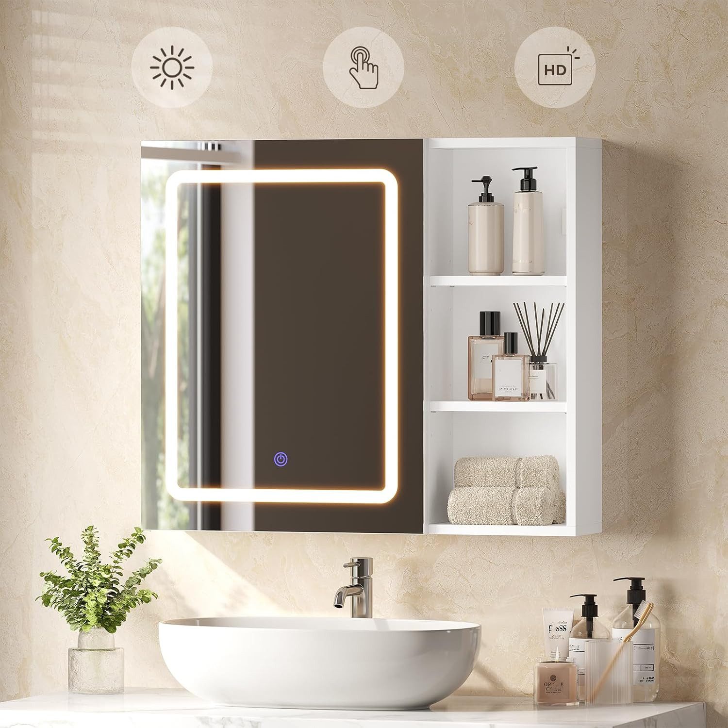 MSMASK Badezimmerspiegelschrank mit LED-Beleuchtung, HD-Spiegel, Touch-Schalter, 3 Lichtfarben (1-St) Spiegelschrank mit Steckdose und verstellbaren Regalen, 70 – Bild 5 von 5