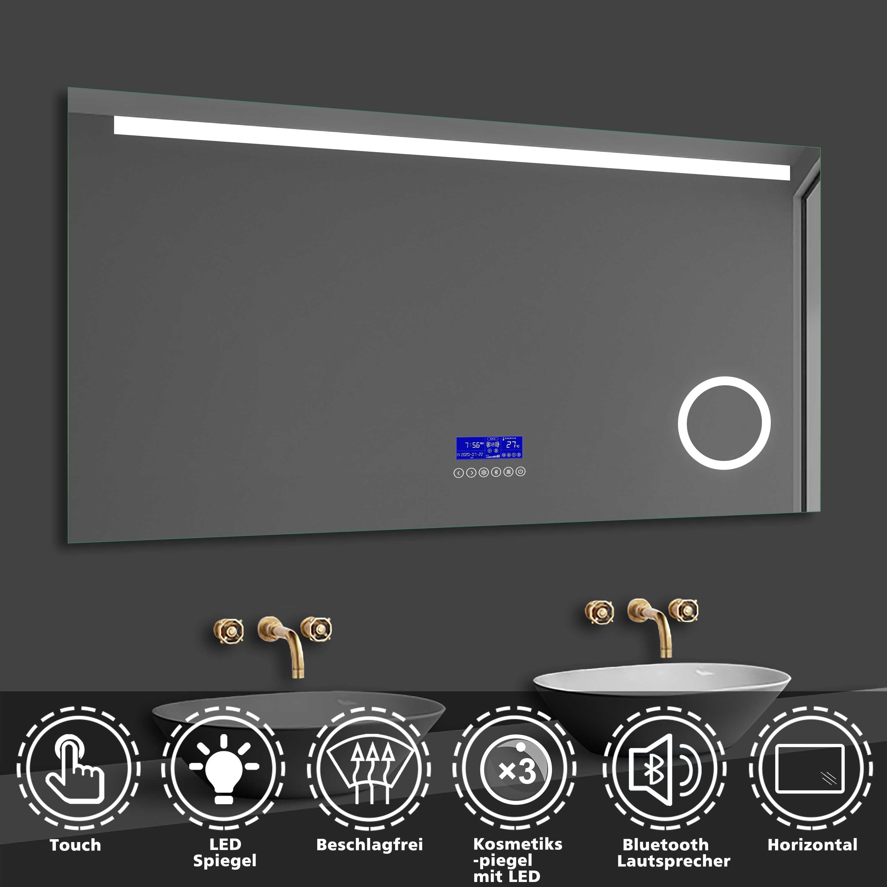 Uhr, Kalt/Warmweiß, 3xSchminkspiegel Bluetooth duschspa Badspiegel Touch, Beschlagfrei, 80-140cm