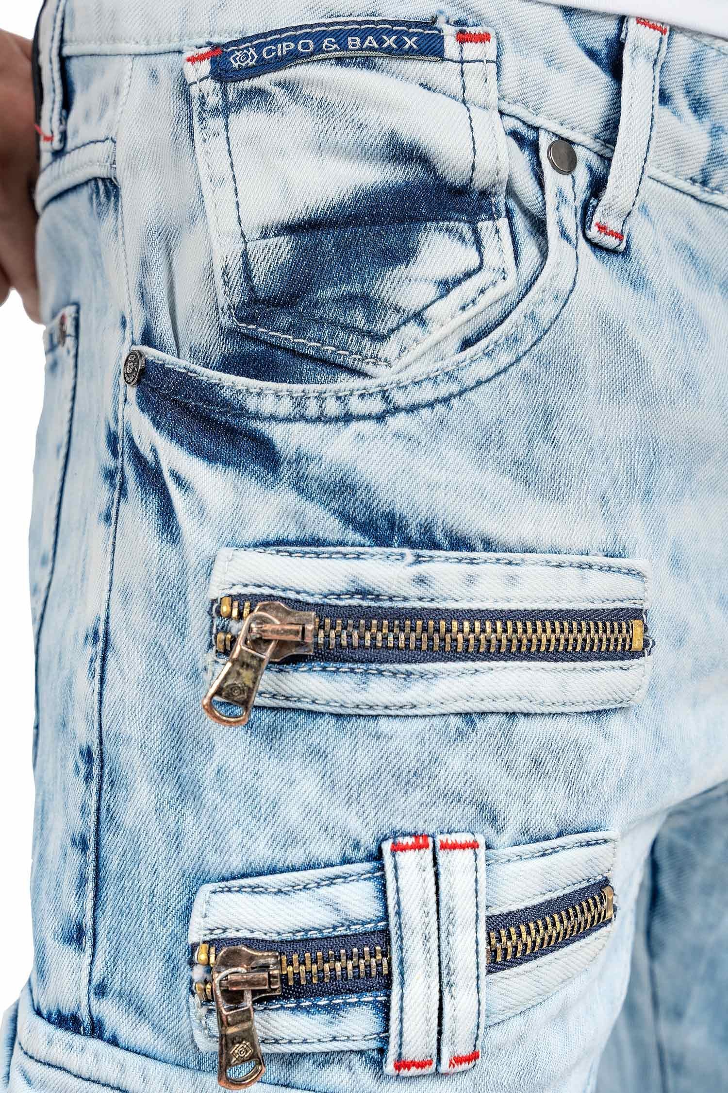 Cipo & Baxx Bikerjeans Herren regular fit Hose Stonewashed BA-CD798 Iceblue im Cargo-Style mit 5-Pocket-Style und Rippenmuster