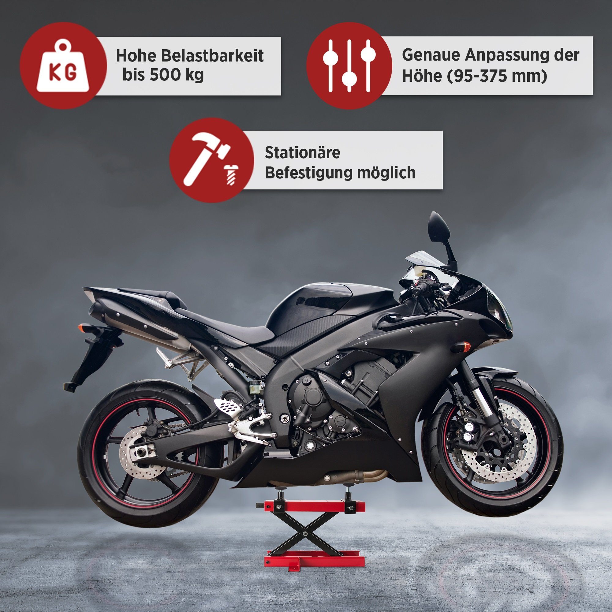 Arebos Motorradheber Motoradhebebühne Montagebock Montageständer Hebebühne Rot, max. Hubhöhe: 375,00 cm, Stück