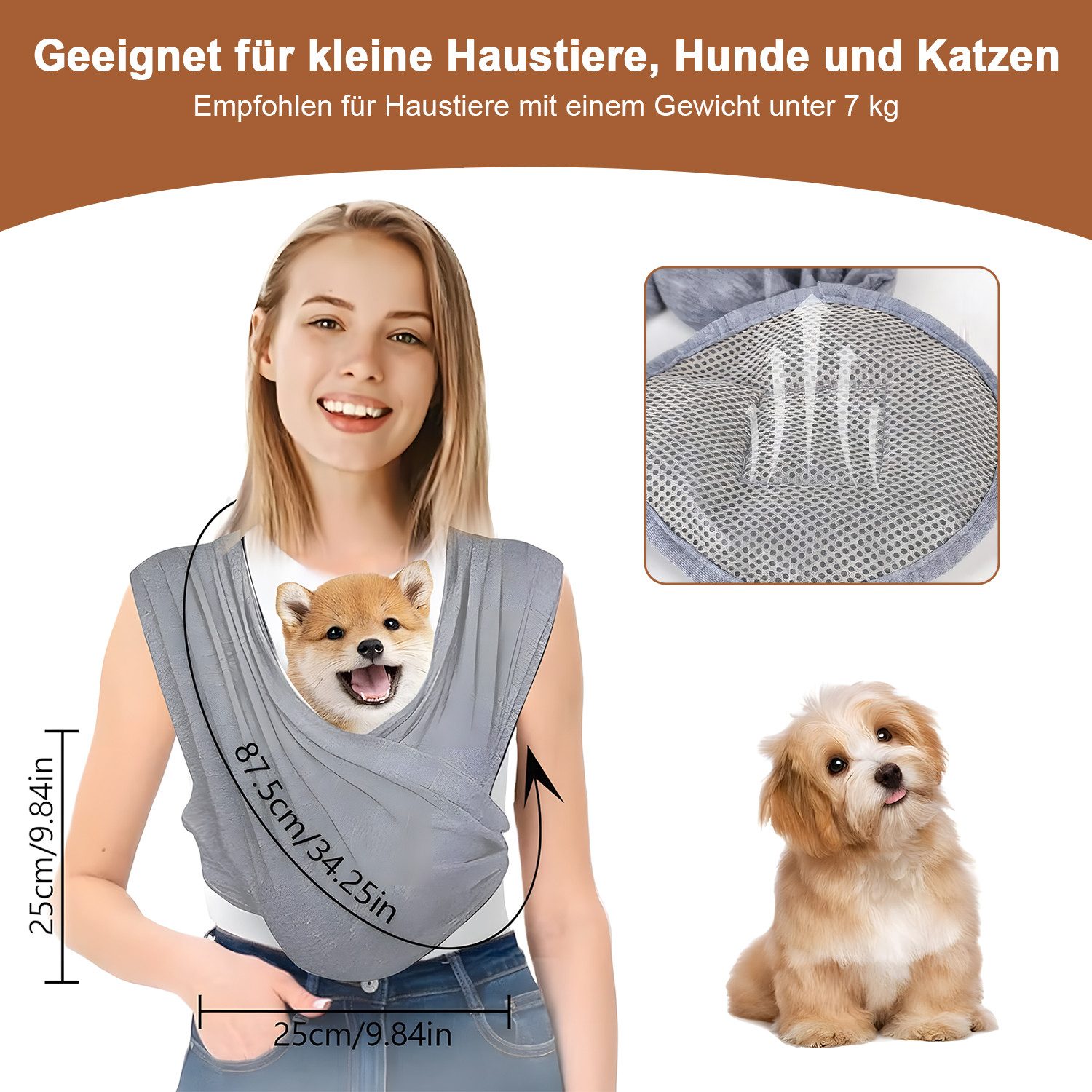 HEYHIPPO Tiertransporttasche Leichte Tragetasche für kleine Hunde & Katzen– verstellbar, grau bis 7 kg, Weiche Tragetasche für Hunde & Katzen – zusammenfaltbar, waschbar