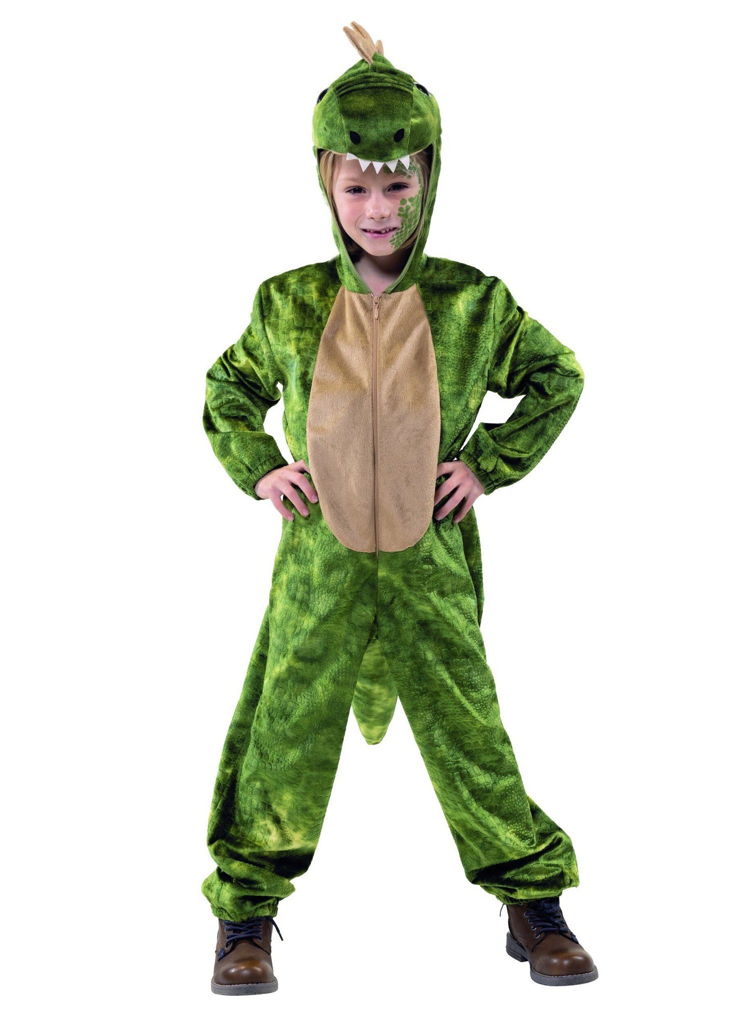 Metamorph Kostüm Dinosaurier - Halloween Kostüm Kinder - Fasching, Zackiger Dino im beige-grünen Overall