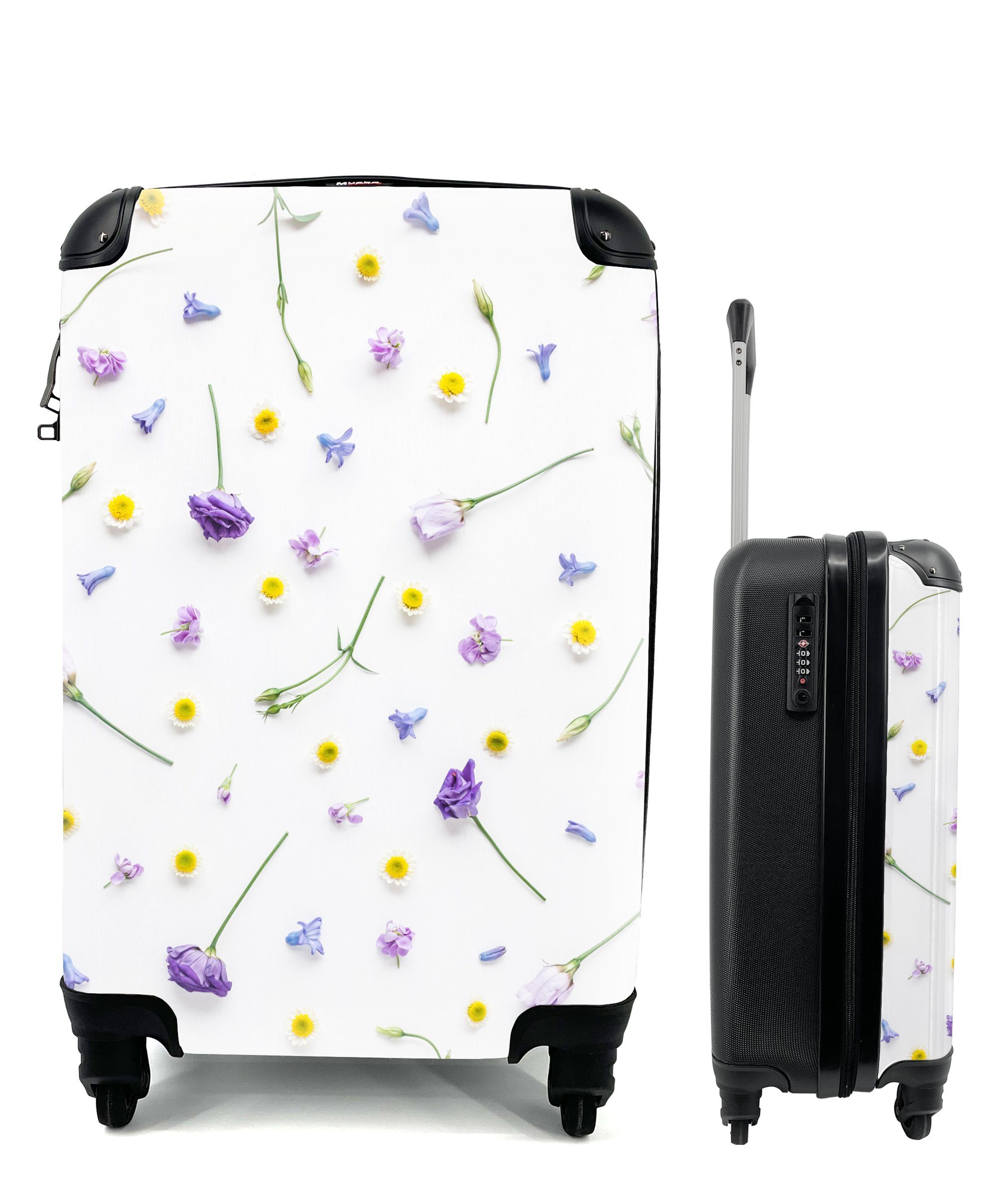 MuchoWow Handgepäckkoffer Blumen - Lila - Gelb, 4 Rollen, Reisetasche mit rollen, Handgepäck für Ferien, Trolley, Reisekoffer