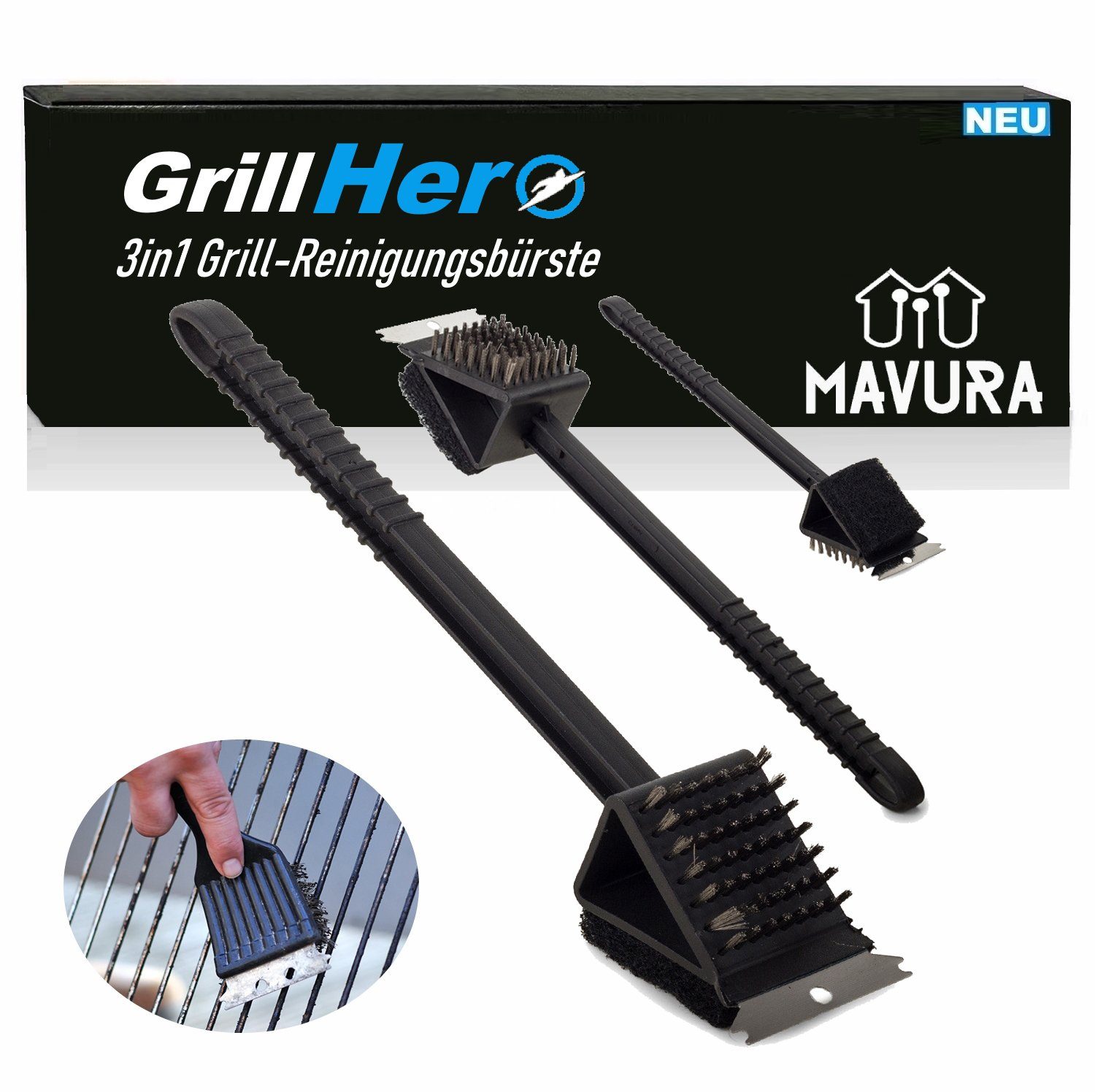 MAVURA Grillbürste GrillHero 3in1 Grillreinigungsbürste Profi BBQ für Grill & Grillrost, aus rostfreiem Stahl - Bürste, Schaber und Schwamm in einem